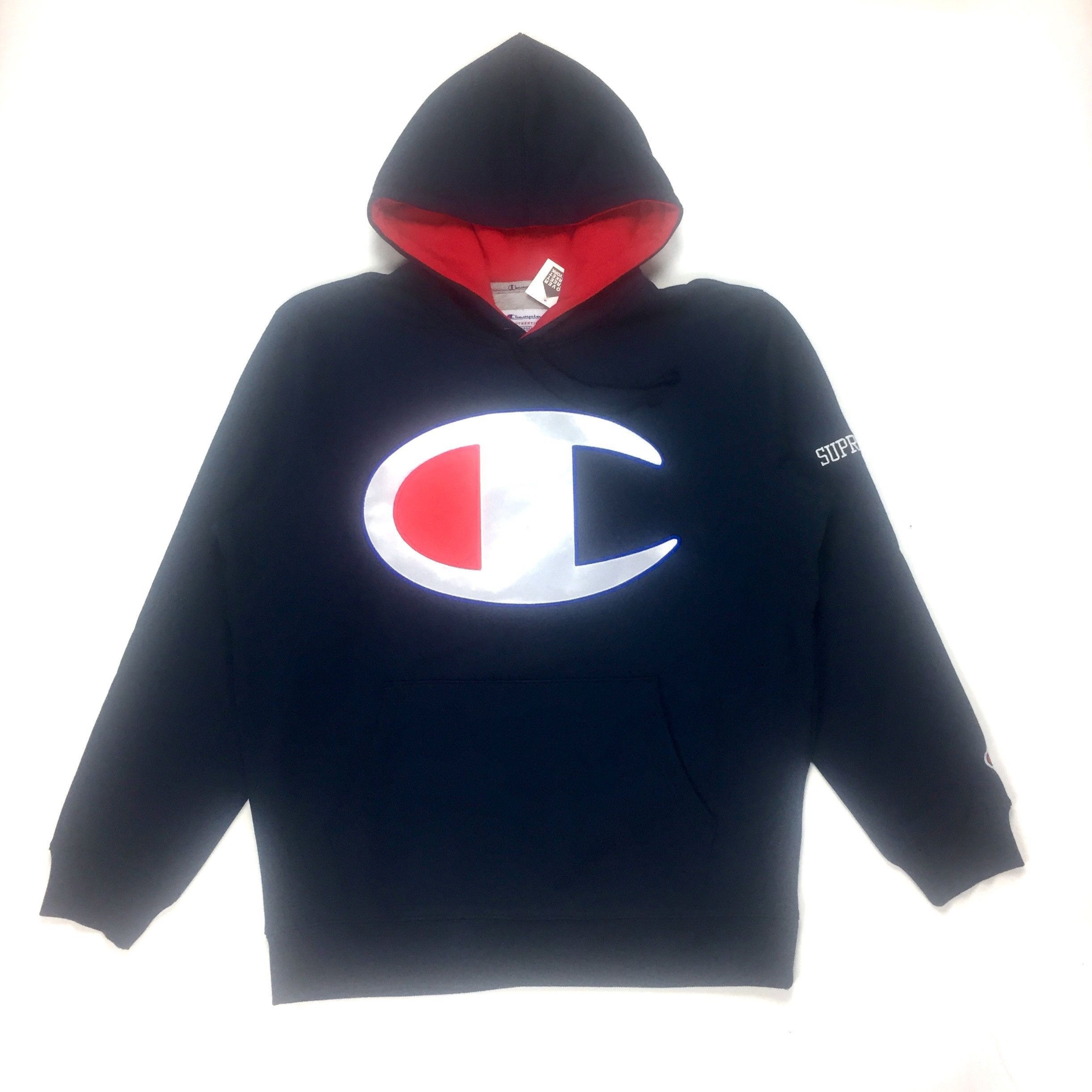 Champion × Supreme Supreme Champion SS17 Big Satin Logo Hoodie Navy DS Size US L / EU 52-54 / 3 - 1 Preview