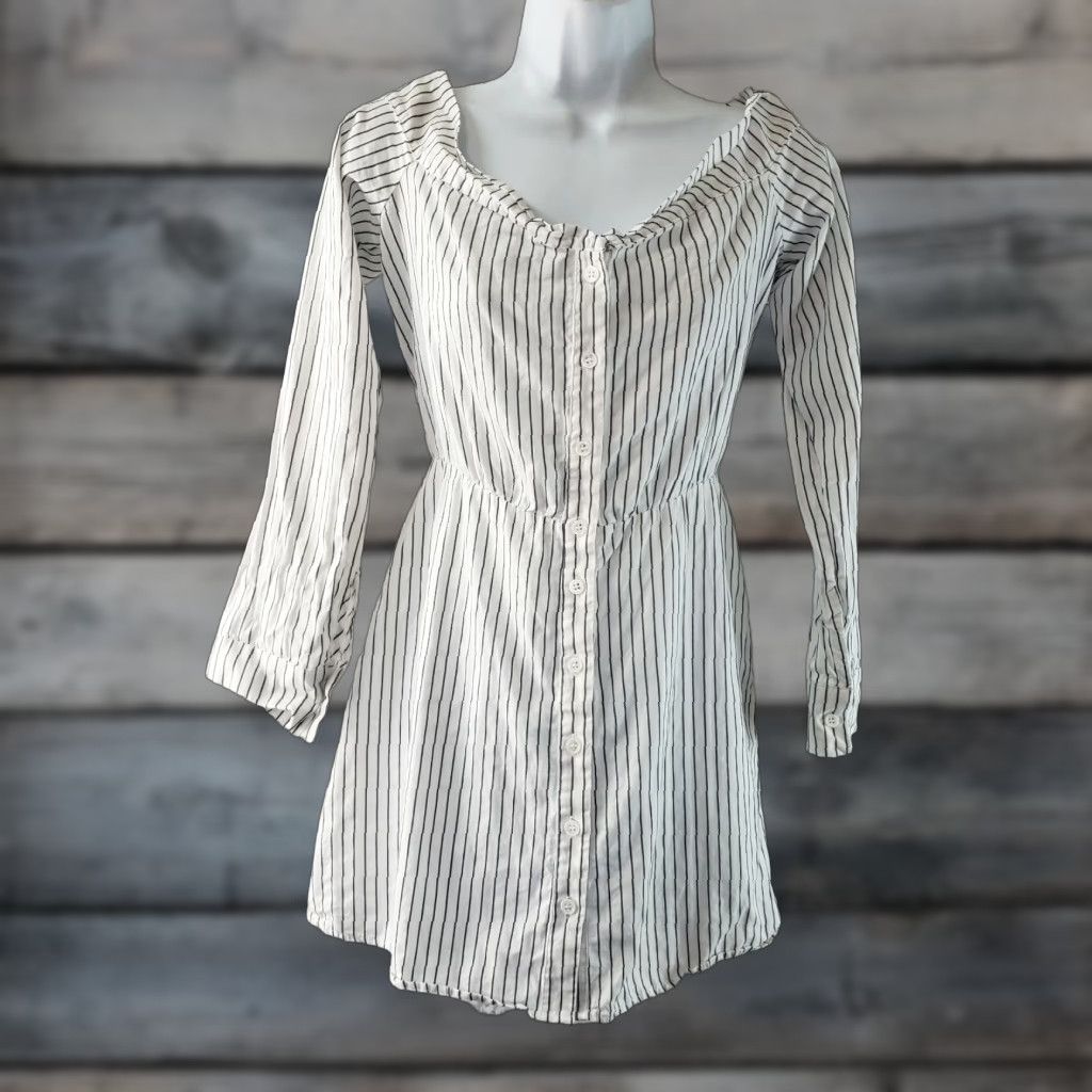 Reformation Reformation Women's Bromley Dress Sz 4 White Striped Off Shoulder Button Front Mini Casual Spring Summer Viscose Long Sleeve Womens Size S / US 4 / IT 40 - 1 Thumbnail