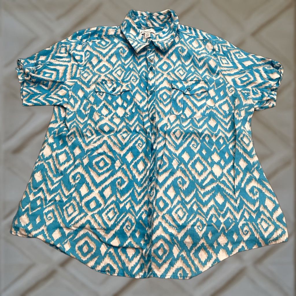 Vintage Kim Rogers Linen Button Down Shirt Womens XL Blue Geometric Aztec Short Sleeve Size XL / US 12-14 / IT 48-50 - 1 Thumbnail