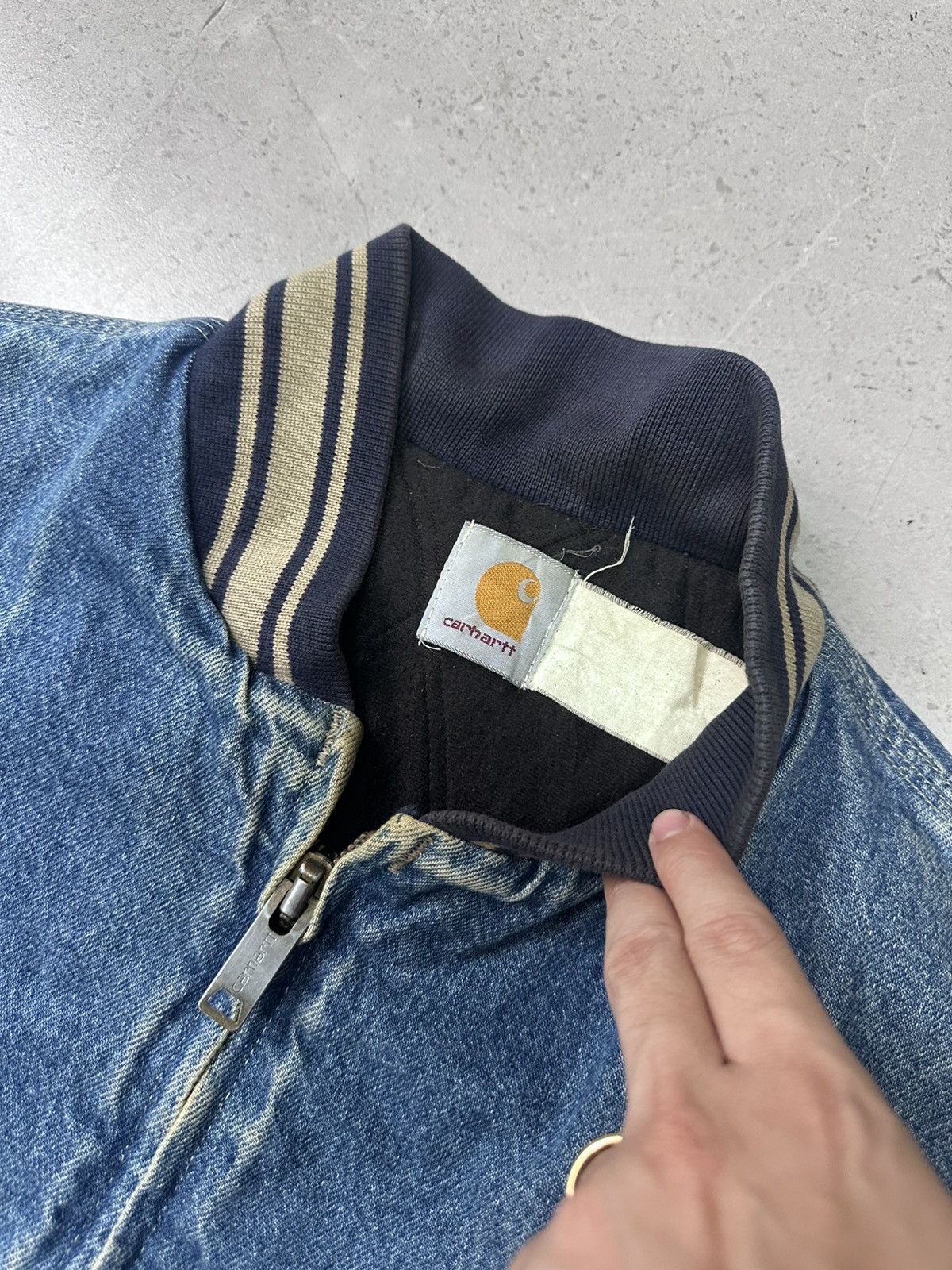 Carhartt × Vintage RARE 90s CARHARTT DENIM VARSITY JACKET Size US L / EU 52-54 / 3 - 6 Thumbnail