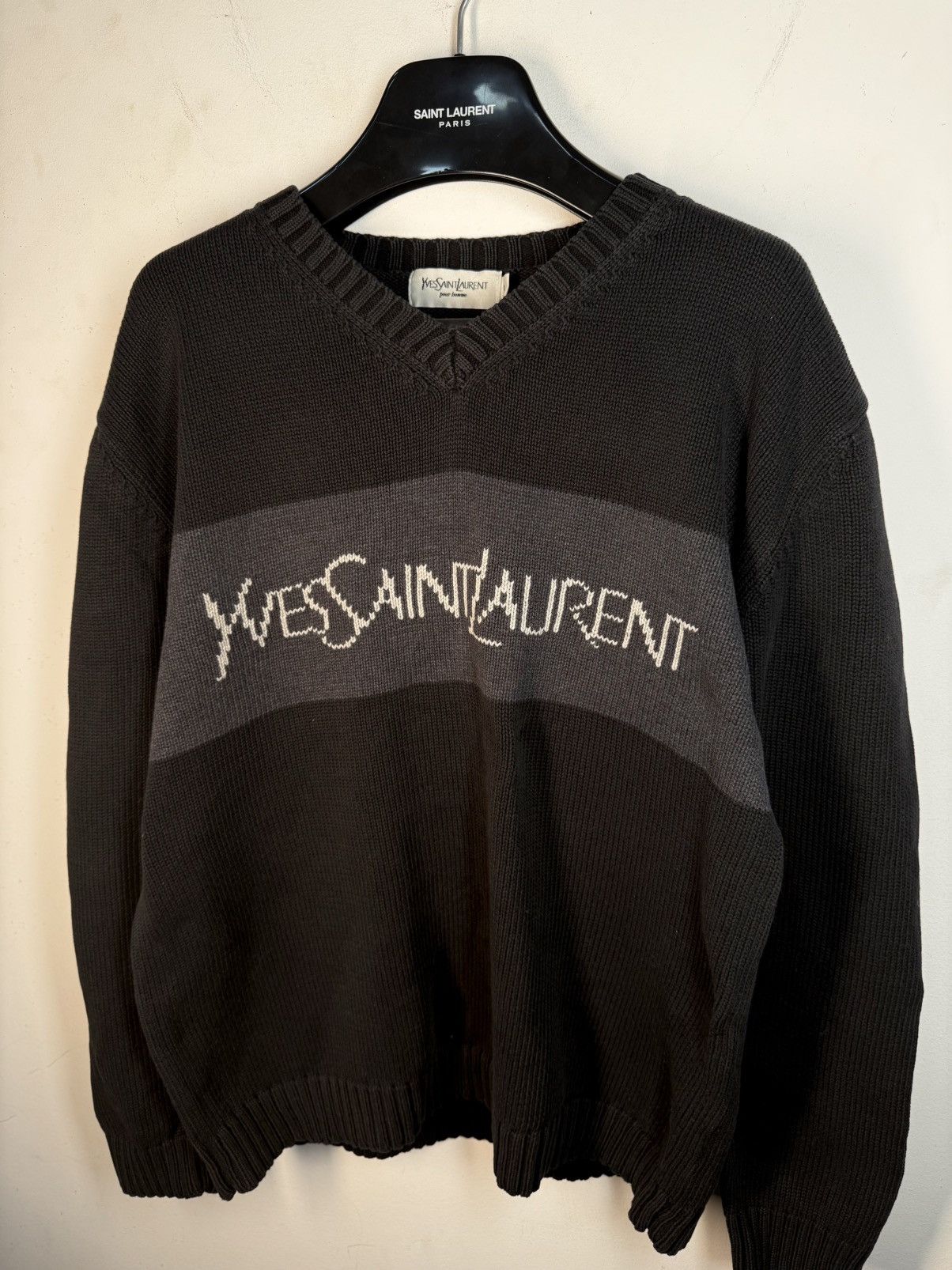 Yves Saint Laurent Black YSL Sweater Knit Big Logo V-neck Vintage y2k Rare Size US L / EU 52-54 / 3 - 12 Thumbnail