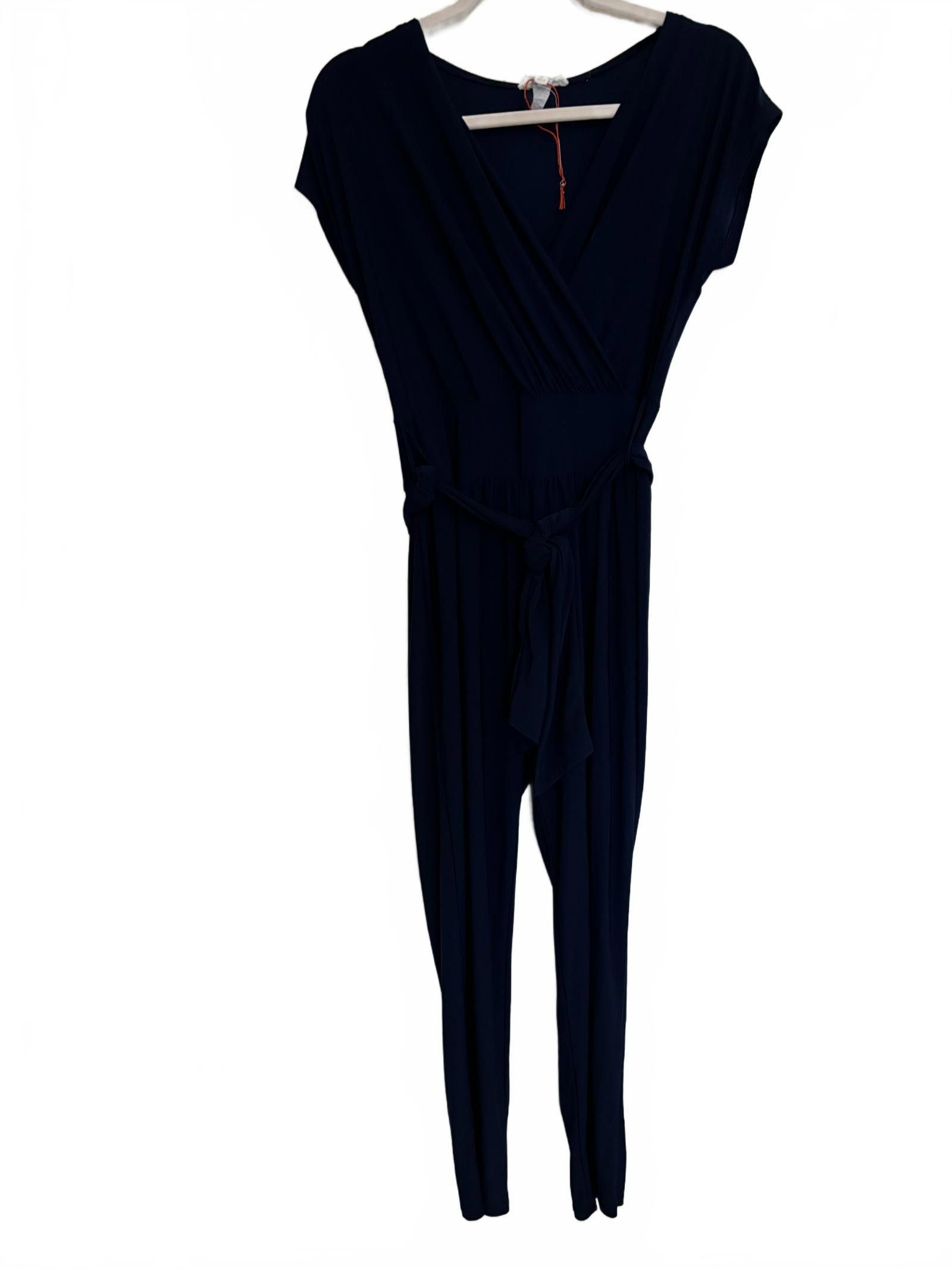 Designer Chic Navy Blue Jumpsuit with Tie Belt Size 32" / US 10 / IT 46 - 1 Thumbnail