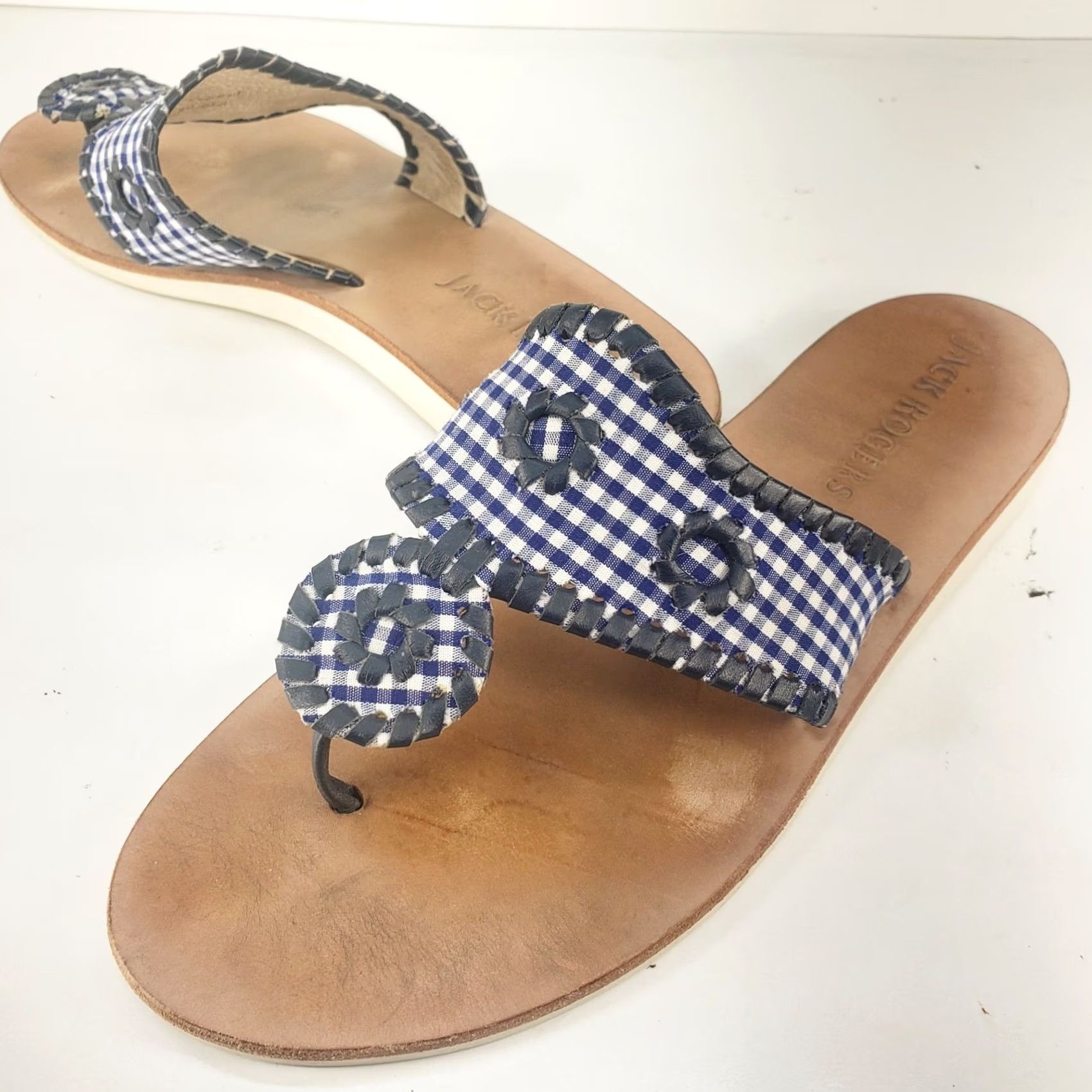 Jack Rogers JACK ROGERS Blue Gingham Check Whipstitch Fabric Slides Sandals 8M Womens Slip On Casual Size US 8 / IT 38 - 2 Thumbnail
