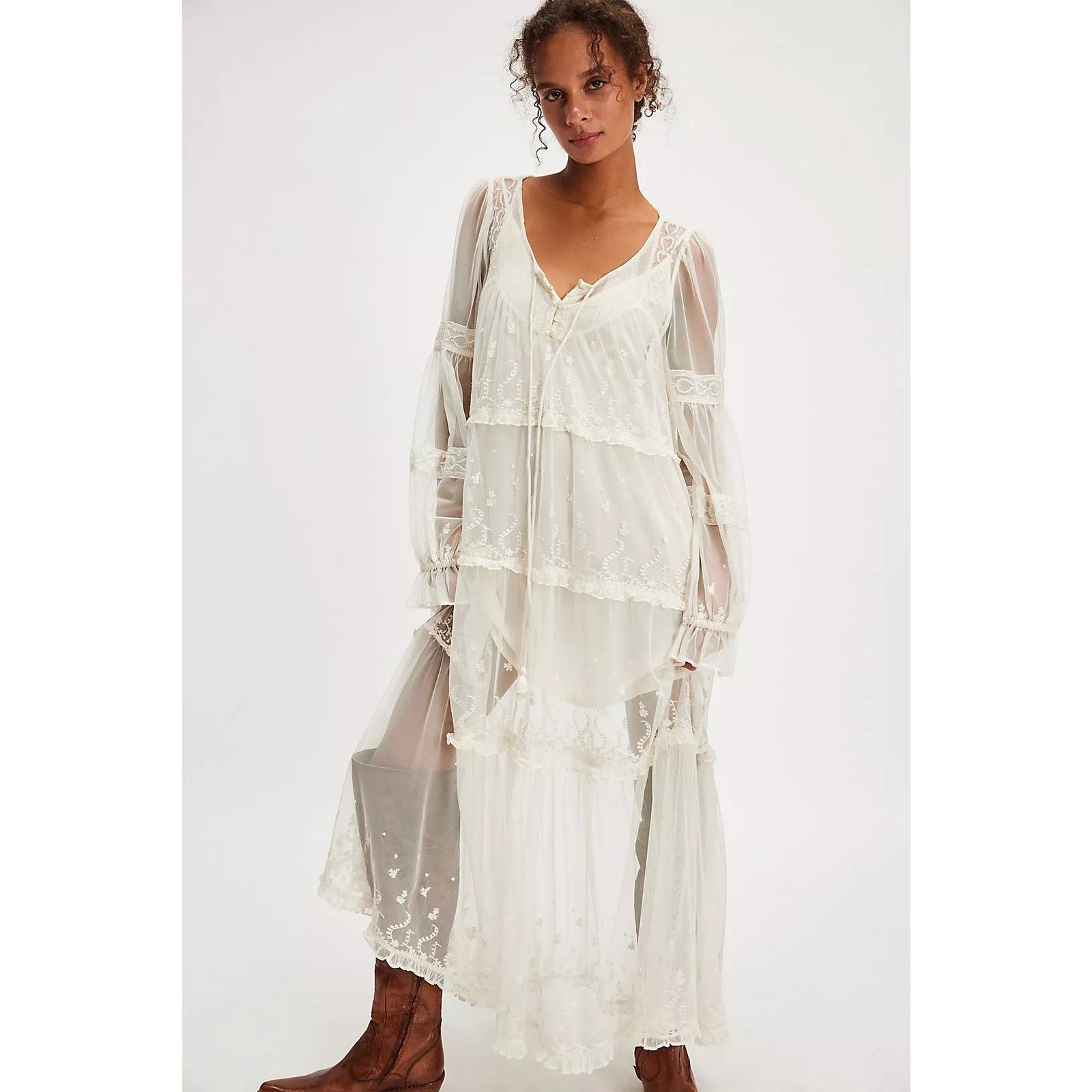 New Stevie Sheer Lace Maxi Dress $228 X-SMALL Ivory Boho