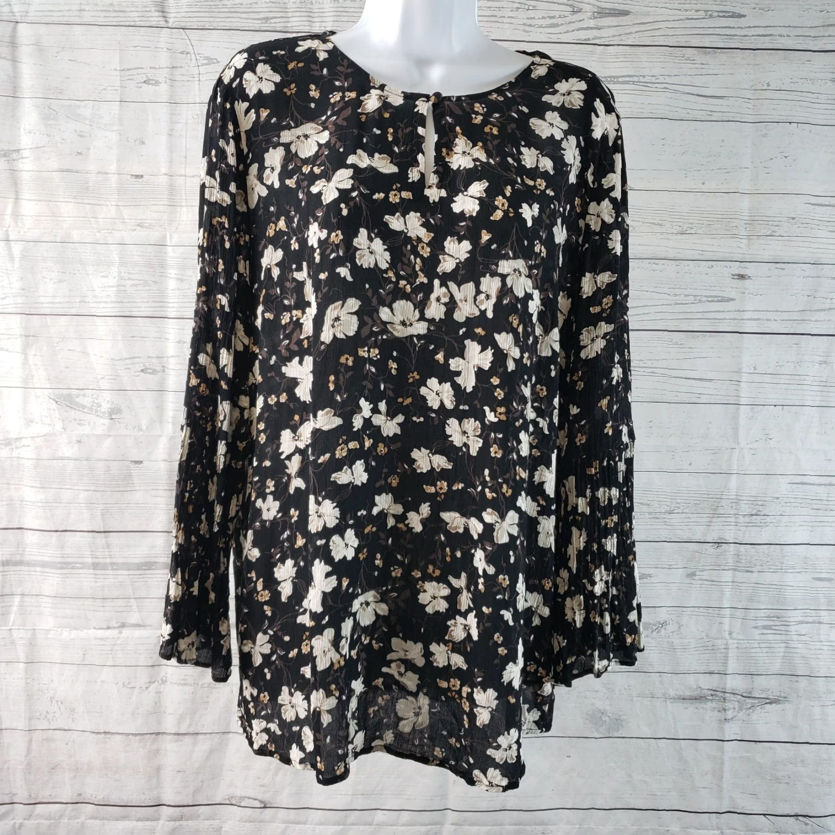 J. Jill J Jill Top Womens Tall Large Black Brown Floral Bell Sleeves Semi Sheer Size L / US 10 / IT 46 - 2 Thumbnail