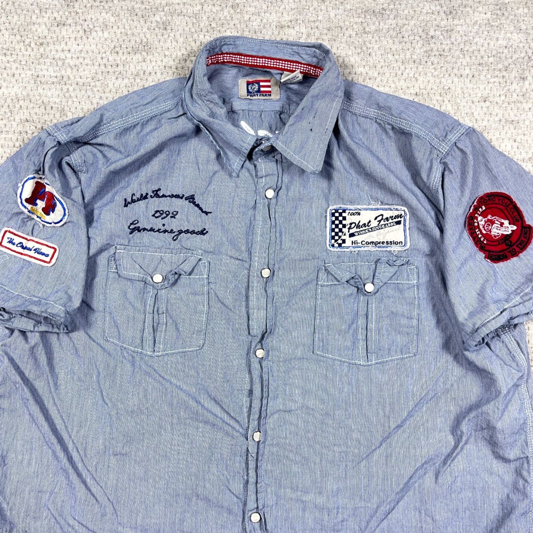 Phat Farm VINTAGE Phat Farm Shirt Men 2XL Blue Button-Up Short Sleeve Biker Motorcycle Club Embroidered Logo Stripe Pattern Classic Top Sportswear Size US XXL / EU 58 / 5 - 3 Thumbnail