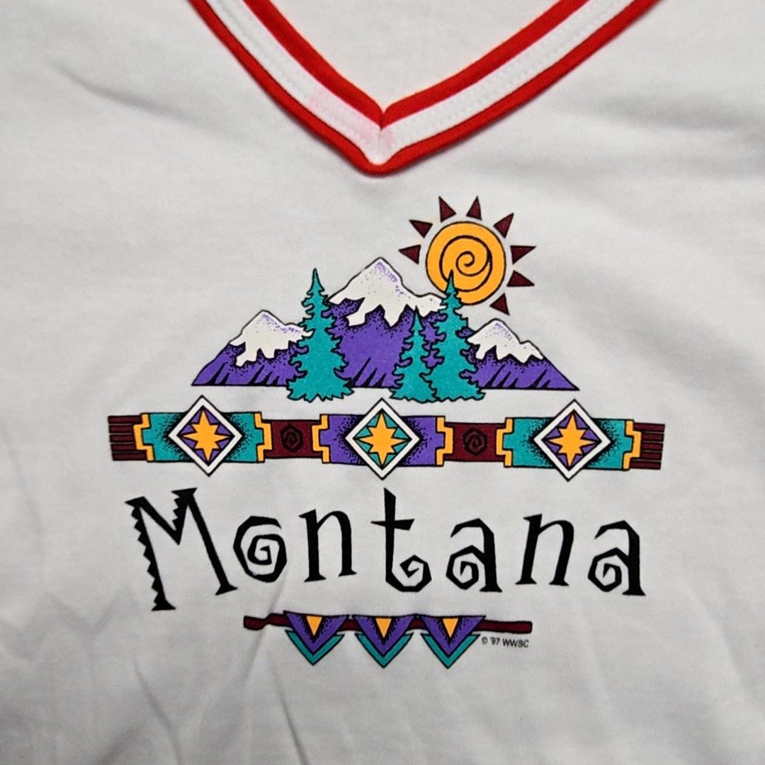 Vintage Vintage Montana Graphic Tee Le Riche Red White V-Neck Shirt Size L / US 10 / IT 46 - 2 Thumbnail