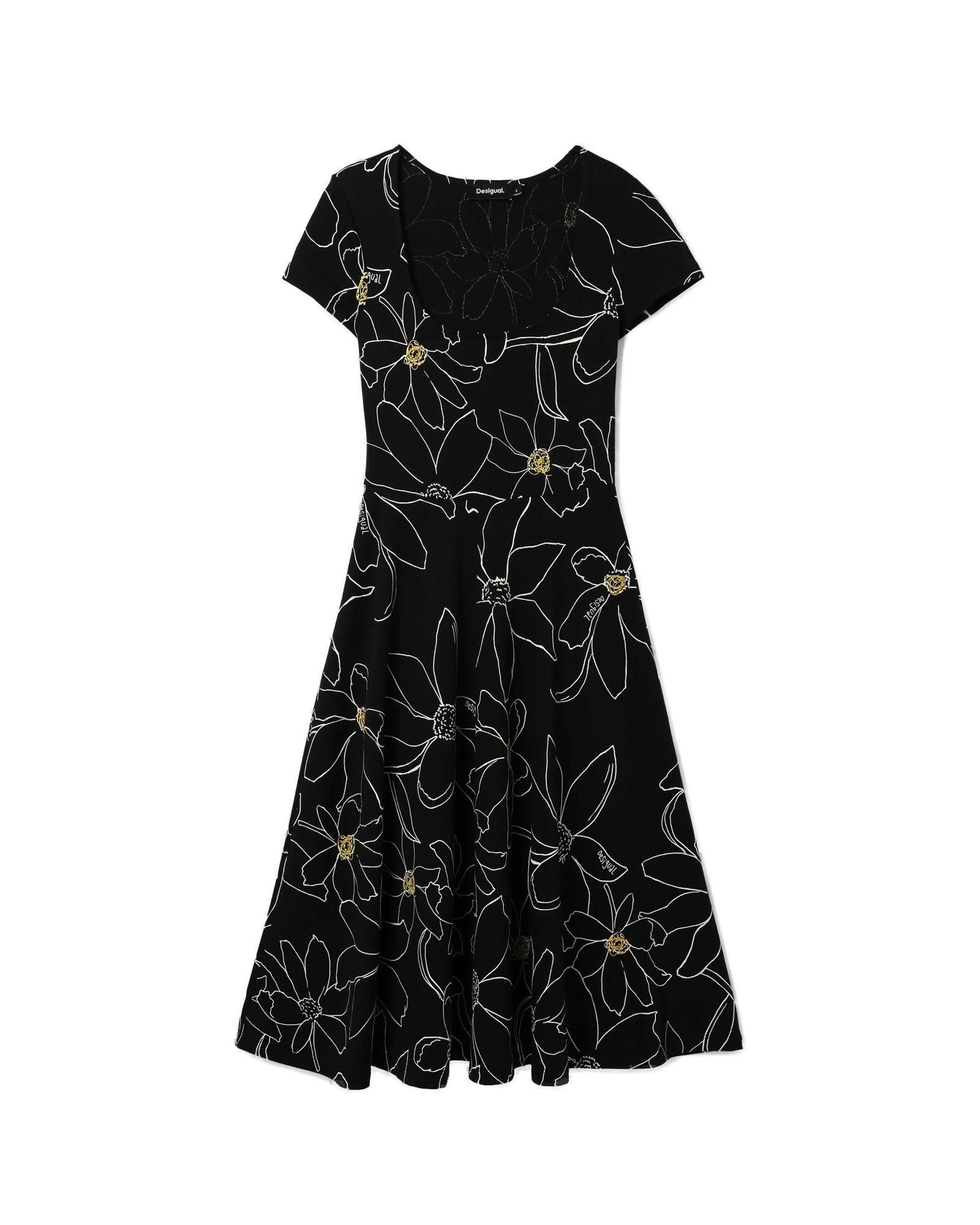 image of Desigual Floral Short Sleeve Round Neck Dress - in Black, Women's (Size Small)