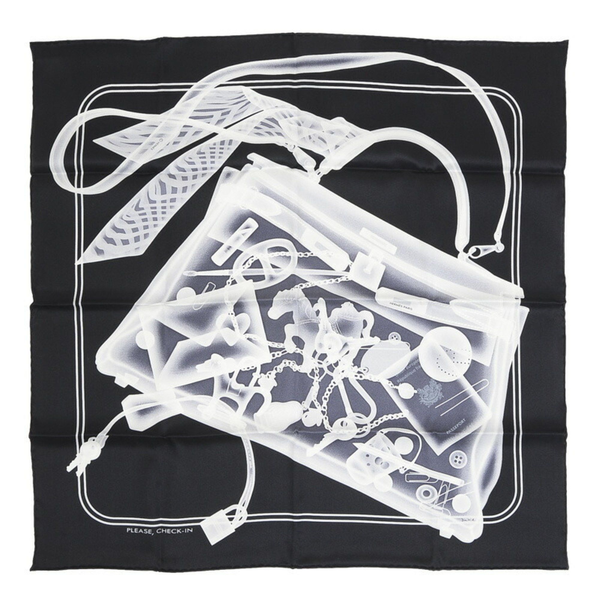 image of Hermes Carre 70 Muffler/scarf Please Check-In Please Check-In Black White Silk, Women's