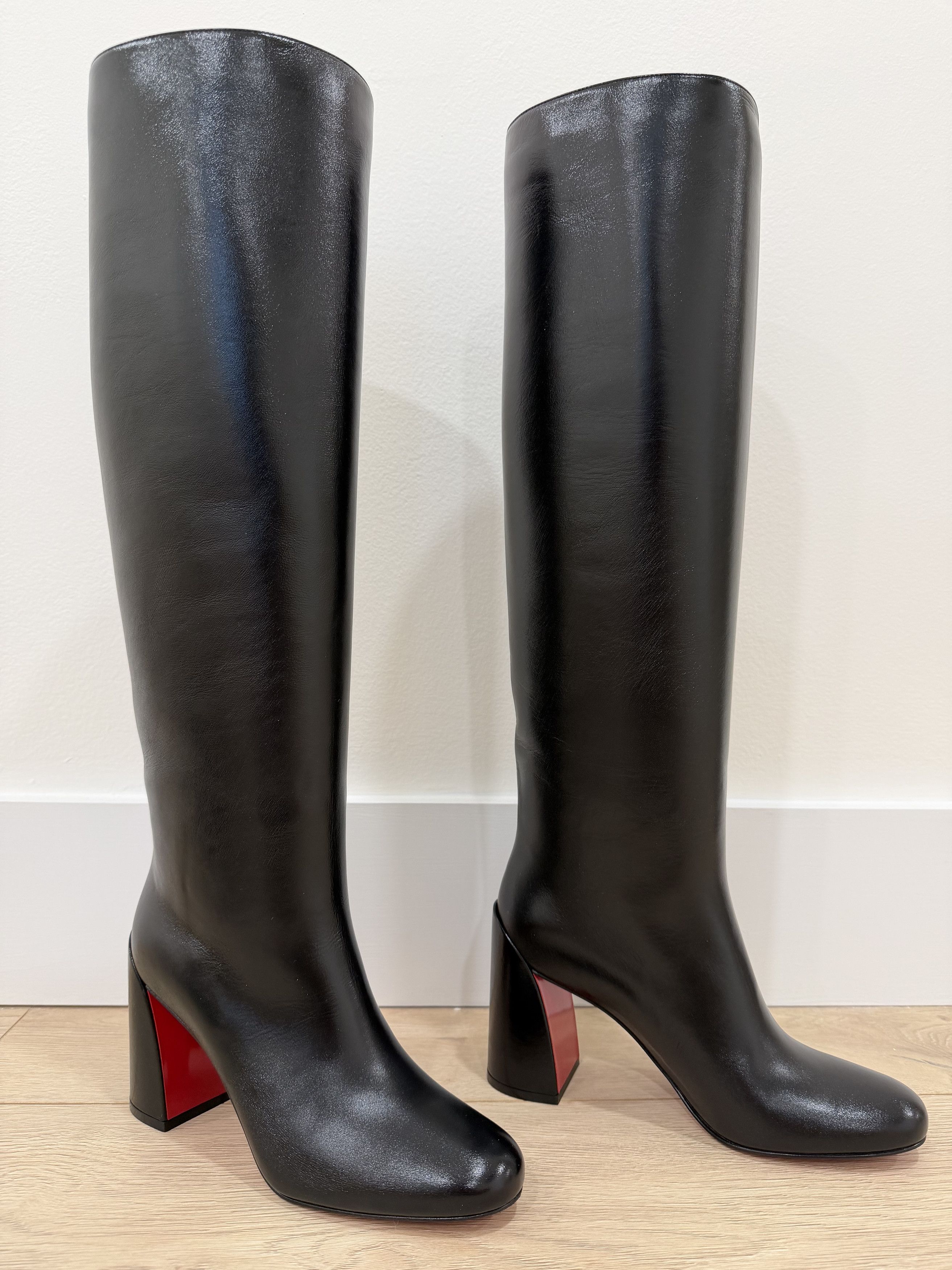 Janitta 85 Black Leather Knee High Block Heel Boot 38.5