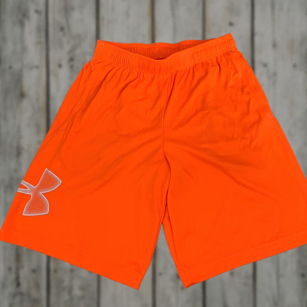 Under Armour Under Armour Mens Small Loose Fit Tech Logo Neon Orange Pockets Shorts 1306443 Size US 29 - 1 Thumbnail