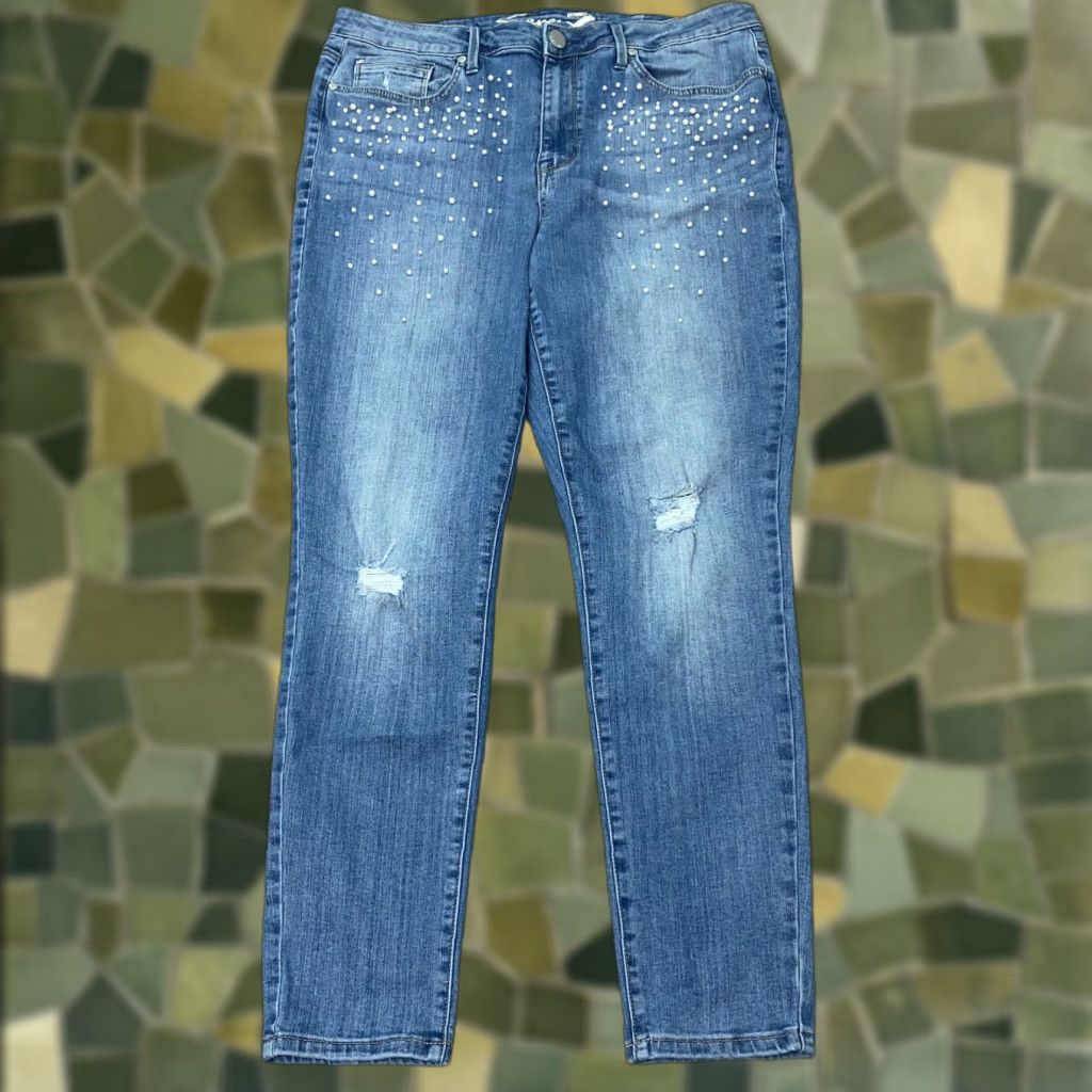 Vintage Seven7 Jeans Size 16 Blue Faded Distressed Beaded Mid-Rise Skinny Stretch Womens Size 35" - 1 Thumbnail