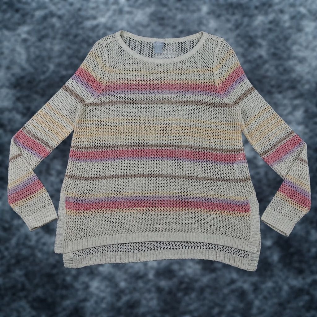 Vintage Chicos Sweater Womens M White Open Knit Stripe Crewneck Pullover Casual Knit Size M / US 6-8 / IT 42-44 - 1 Thumbnail