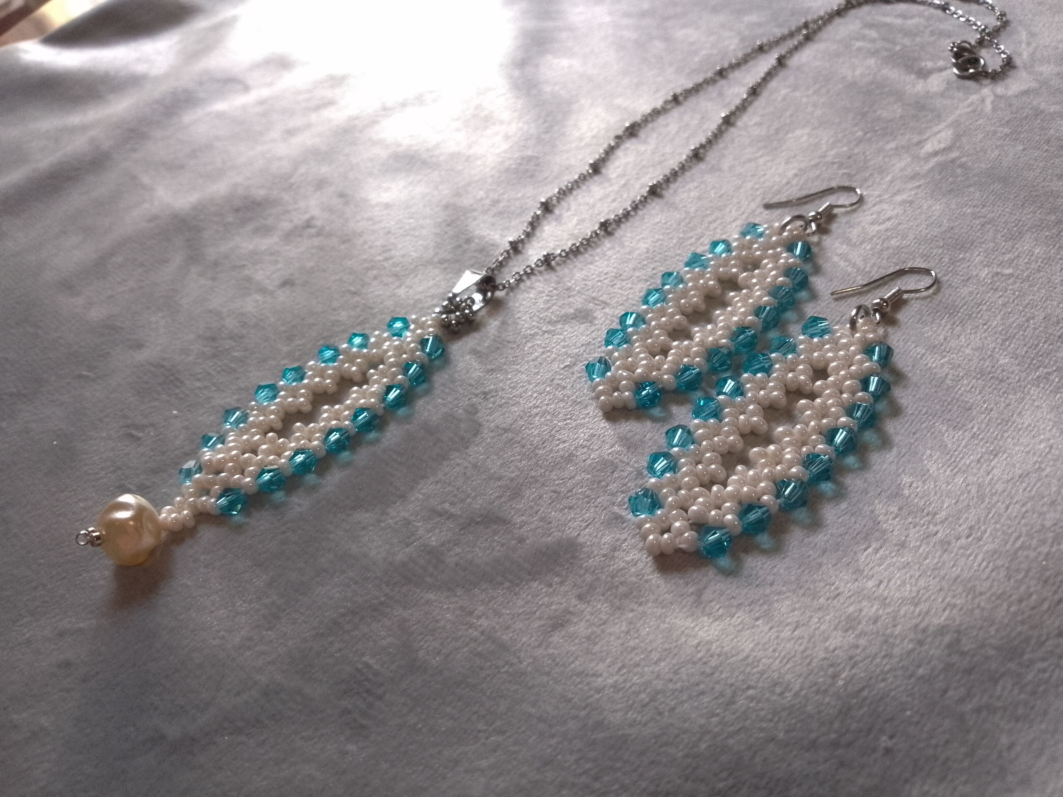 Handmade Necklace pendant earrings ivory glass, pearl, blue crystals Size ONE SIZE - 6 Thumbnail