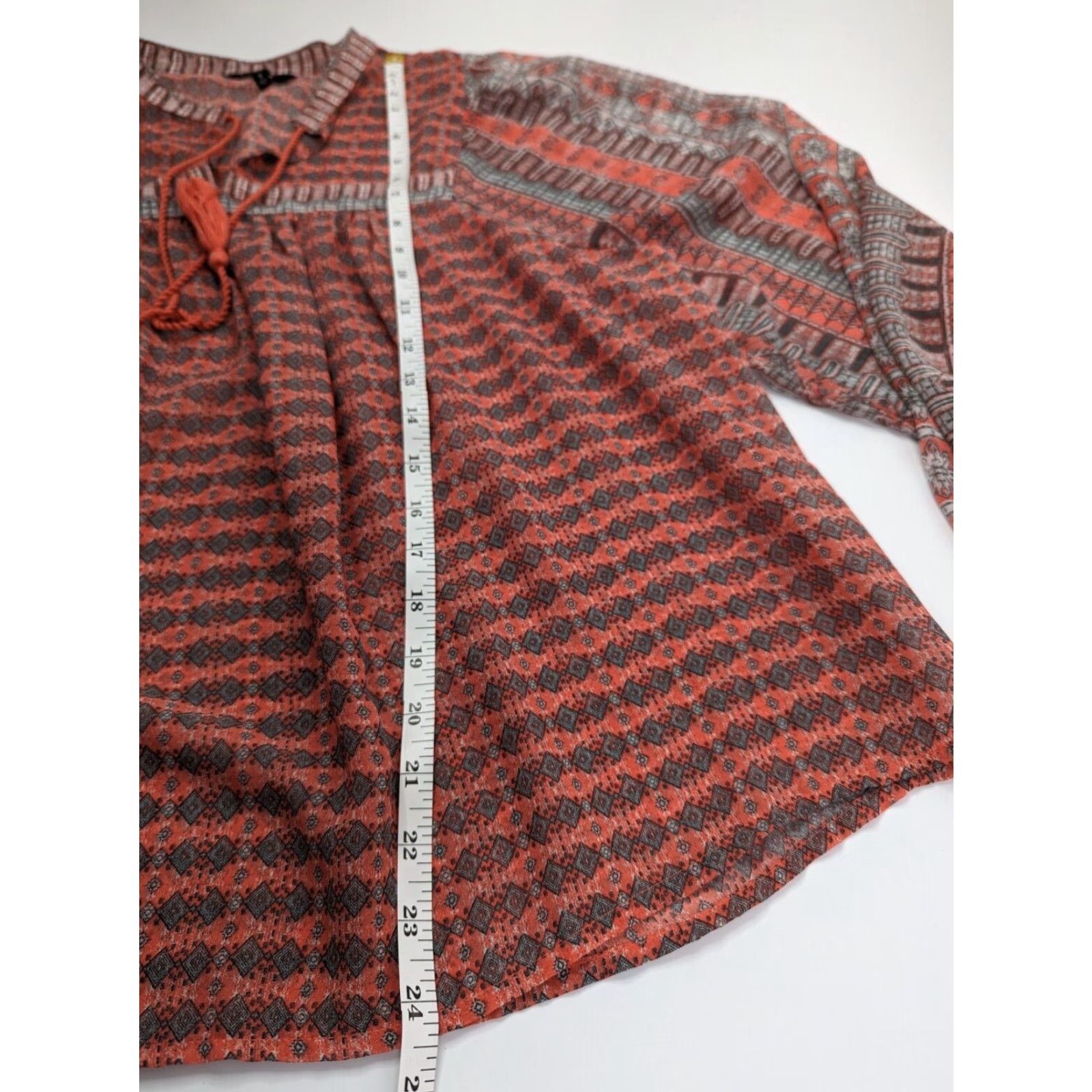 Lucky Brand Lucky Brand Women's Blouse Long Sleeve V-Neck Lace Up Peasant Border Print Coral Tassels Size S Size S / US 4 / IT 40 - 5 Thumbnail
