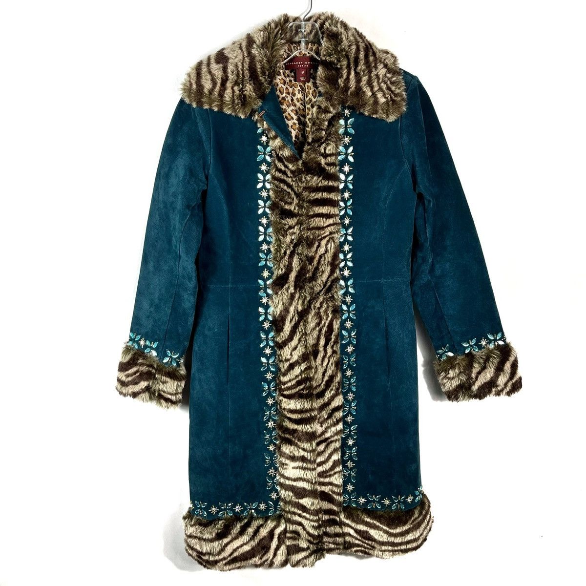 image of Vintage Margaret Godfrey Teal Blue Suede Zebra Faux Fur Trim Jacket, Women's (Size Small)