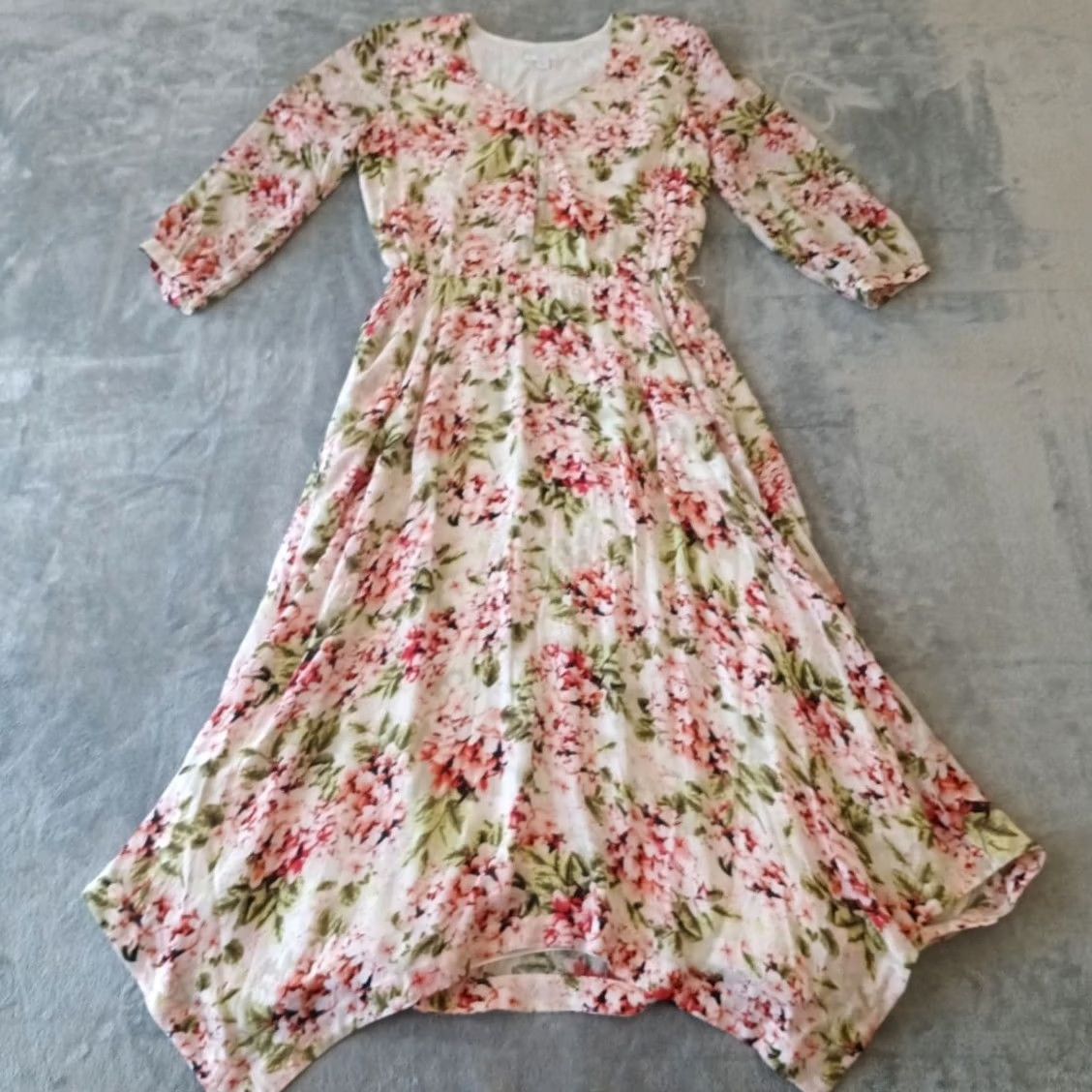 J. Jill J.Jill Maxi Dress XS Pink Green Floral Asymmetric 3/4 Sleeve Lined Rayon Women Regular Spring Summer Vintage No Size XS / US 0-2 / IT 36-38 - 2 Thumbnail