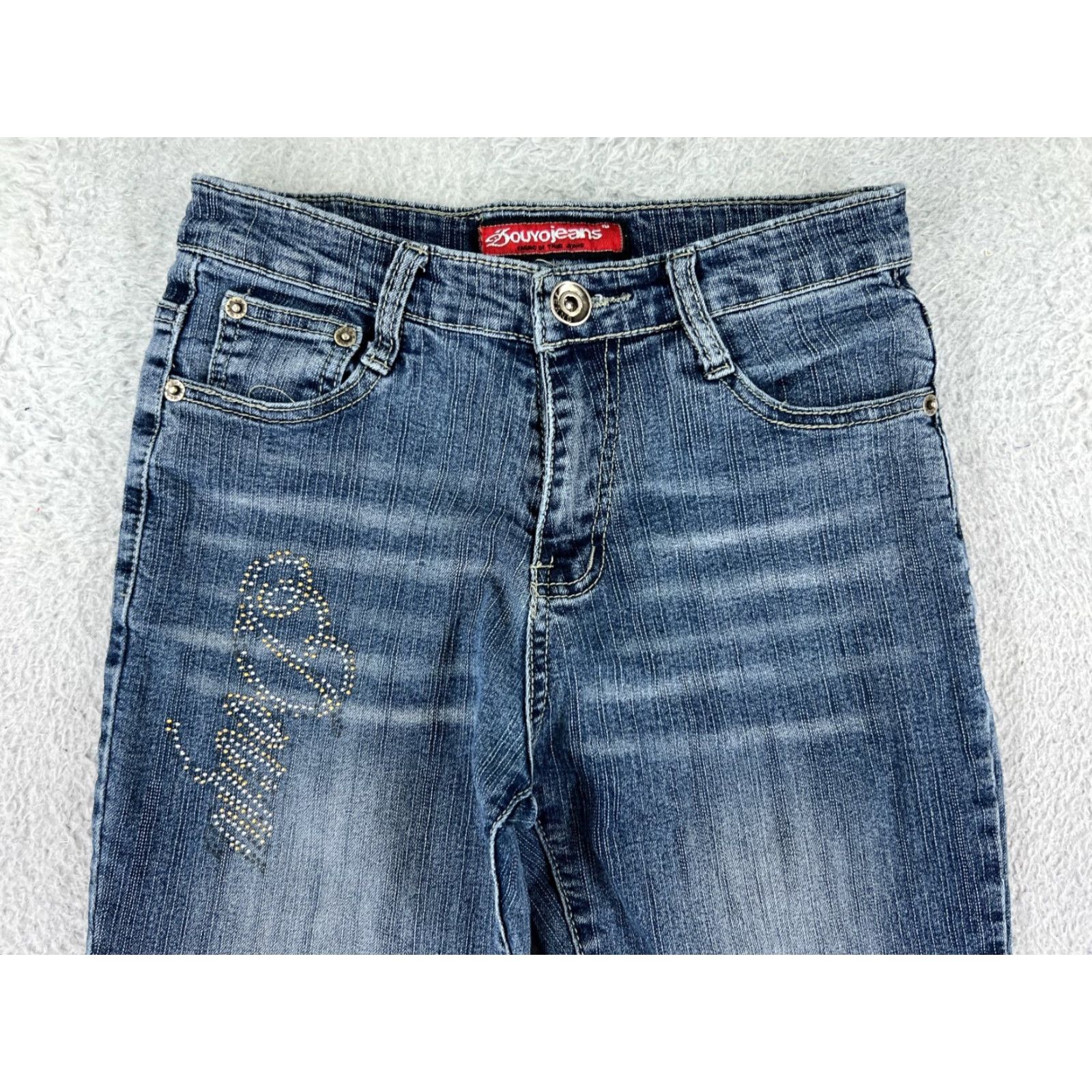 Denime SouyoJeans Jeans Womens 28 Blue Denim Rhinestone Flared Cotton Blend Regular Inseam 29" 24" Waist Women Summer 90s? No decade given. Size 28" / US 6 / IT 42 - 4 Thumbnail