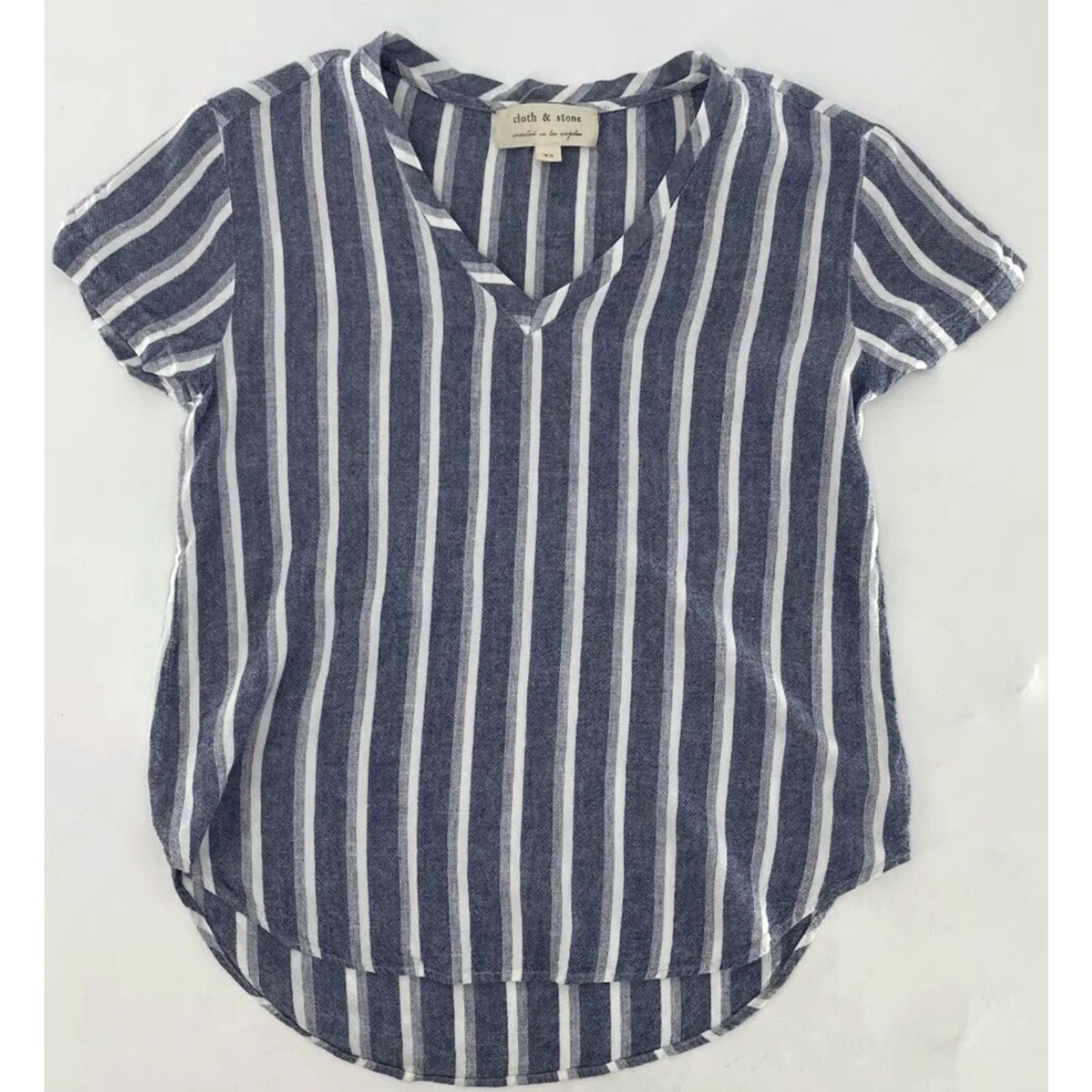 Vintage Cloth & Stone Blue White Stripes V Neck Linen Blend Blouse XS Women Short Sleeve Pullover Knit Casual Boho Modern Shirt Size XS / US 0-2 / IT 36-38 - 3 Thumbnail