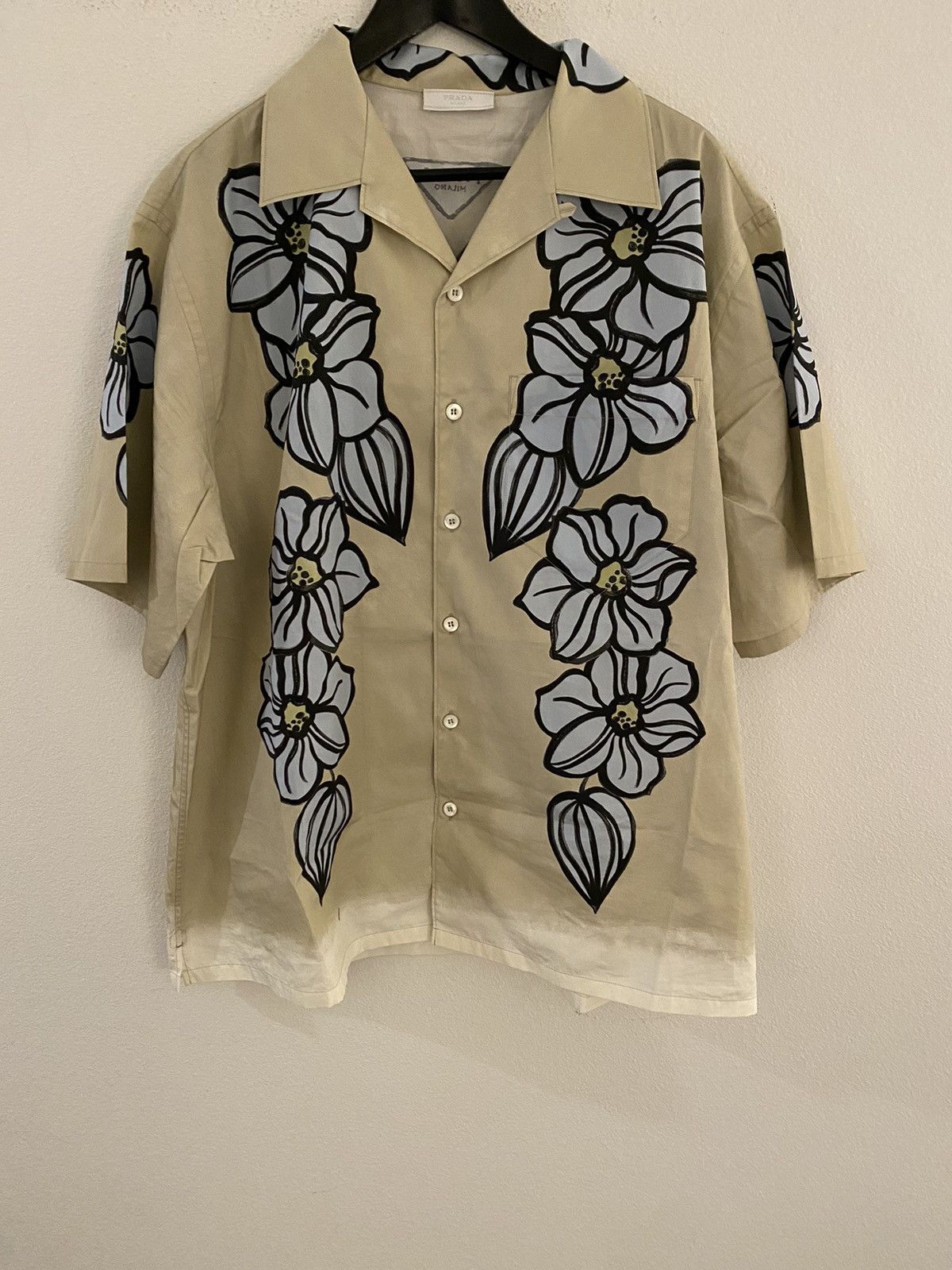 Image of Prada Short Sleeved Printed Floral Cotton Shirt in Tan, Men's (Size 2XL)