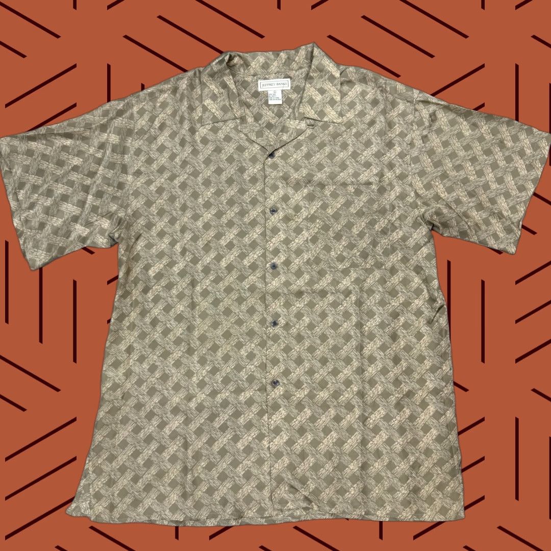 Vintage VINTAGE Jeffrey Banks Men's Shirt Lightweight Silk Geometric Print Button-Up Collared Long Sleeve Size L Beige 90s Fashion Size US L / EU 52-54 / 3 - 1 Thumbnail