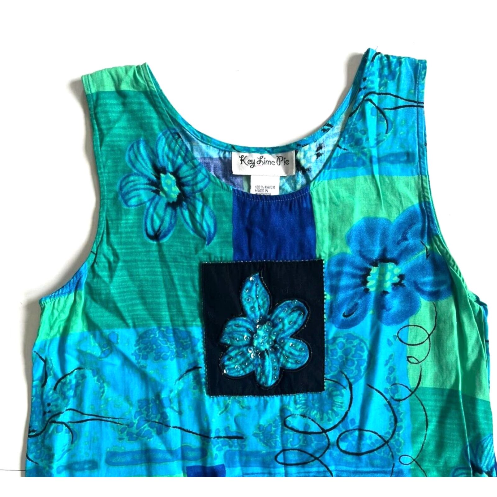 Vintage VINTAGE Key Lime Pie Rayon Blue Green Floral Beaded Tank Sun Dress Medium Size M / US 6-8 / IT 42-44 - 3 Thumbnail