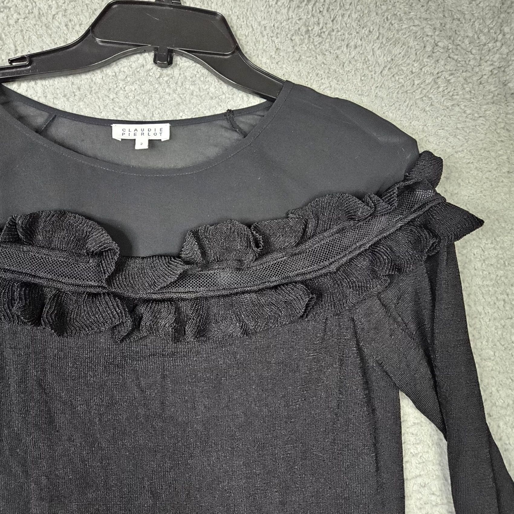 Vintage CLAUDIE PIERLOT Sweater Women’s Black Knit Ruffle Crew Neck Short Sleeve Sz 2 Pullover All Seasons Womens Size XS / US 0-2 / IT 36-38 - 4 Thumbnail
