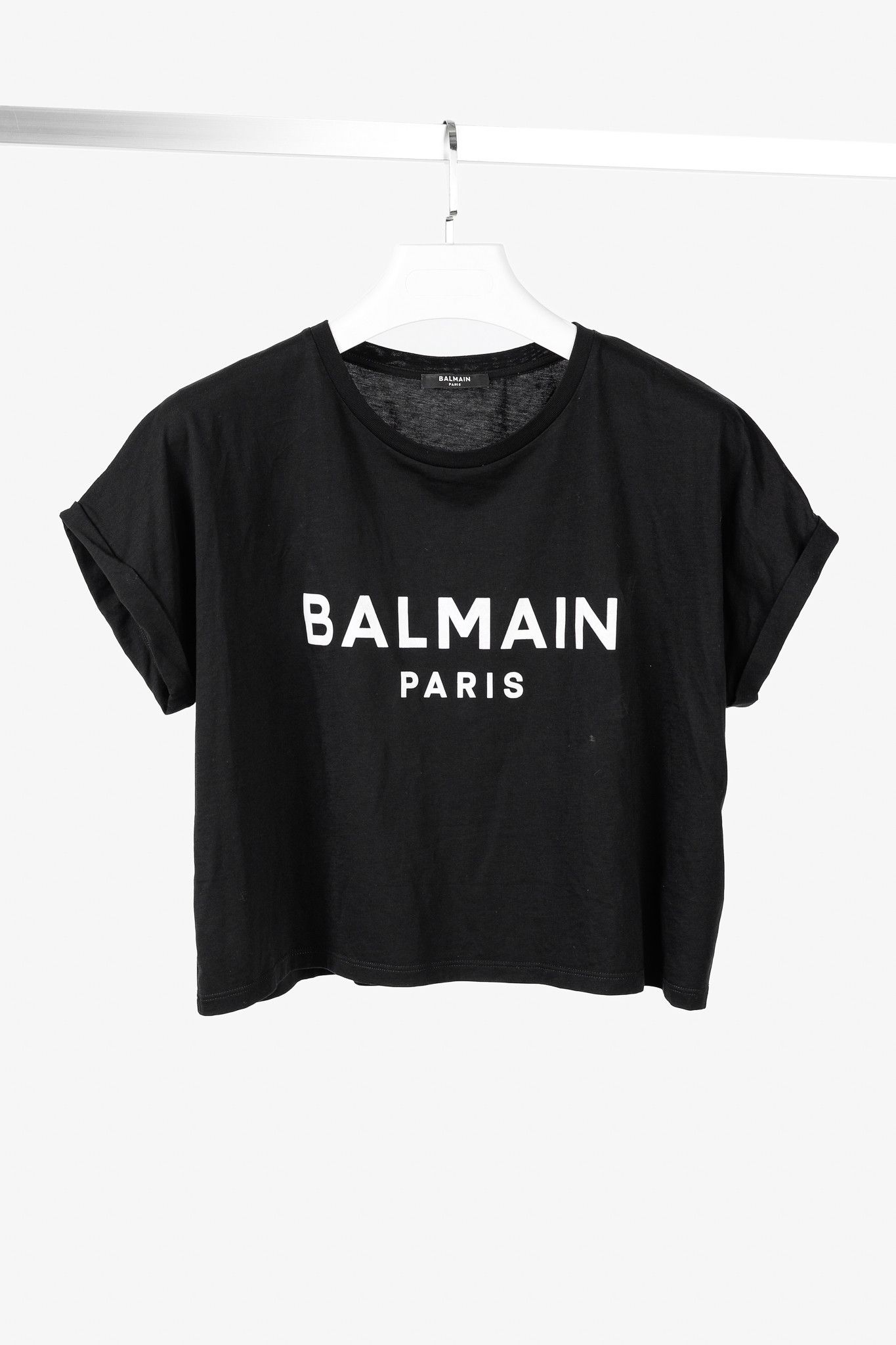 Balmain Balmain Black Cotton Cropped Velvet-Logo-Print T-Shirt Size L / US 10 / IT 46 - 1 Thumbnail