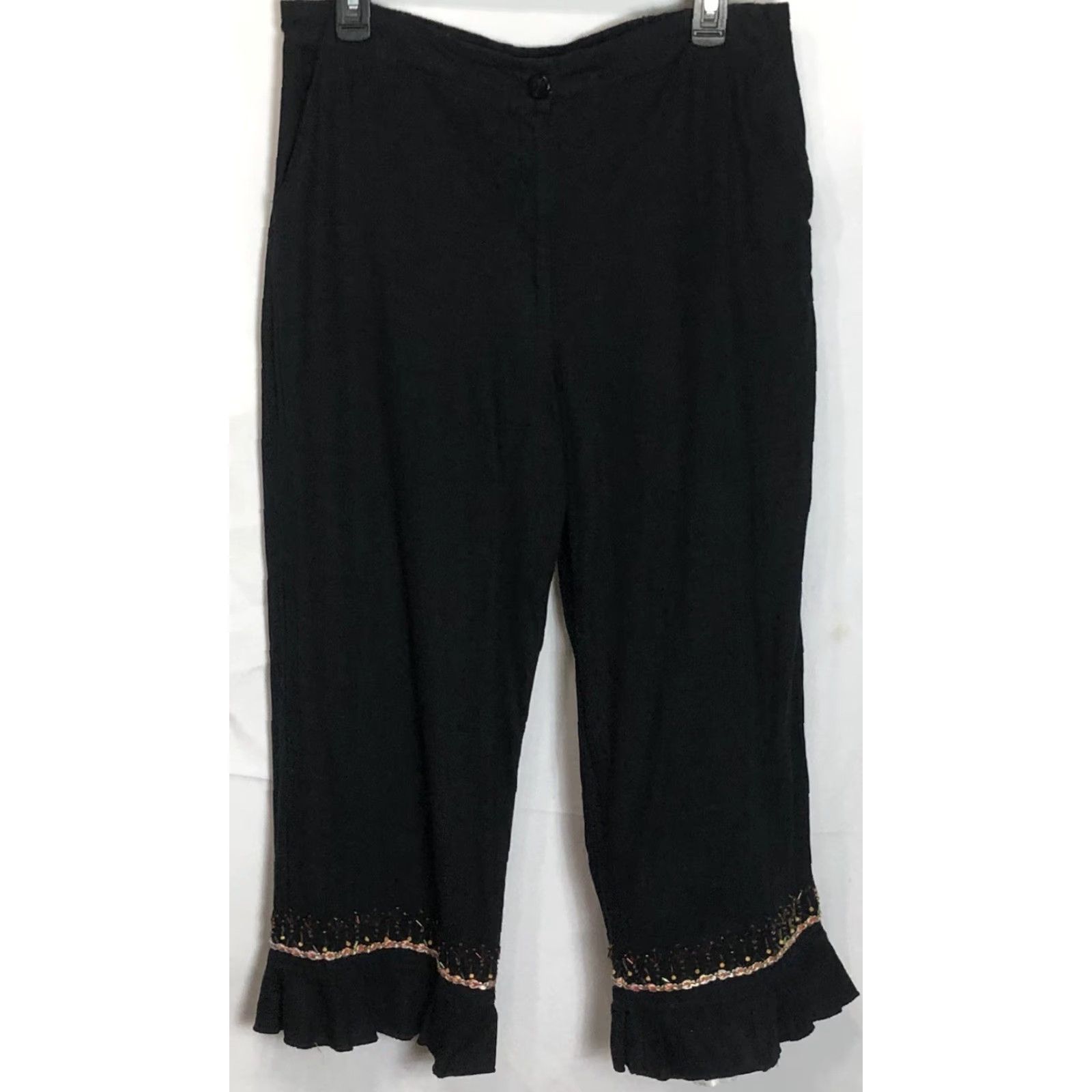 Vintage Hearts Of Palm Pants Cropped 14 Black Beaded High-rise 32"W Linen Rayon Inseam 24" x-? Size 24" / US 00 / IT 34 - 2 Thumbnail