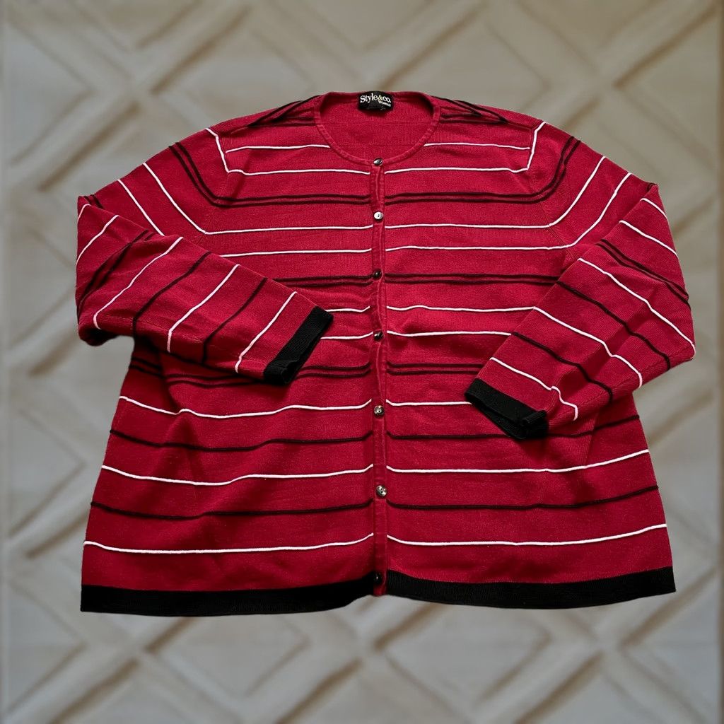 Vintage VINTAGE Style&co Cardigan Sweater Womens 2X Red Striped Button Up Knit Crew Neck Beaded Long Sleeve Casual Size XXL / US 16-18 / IT 52-54 - 1 Thumbnail
