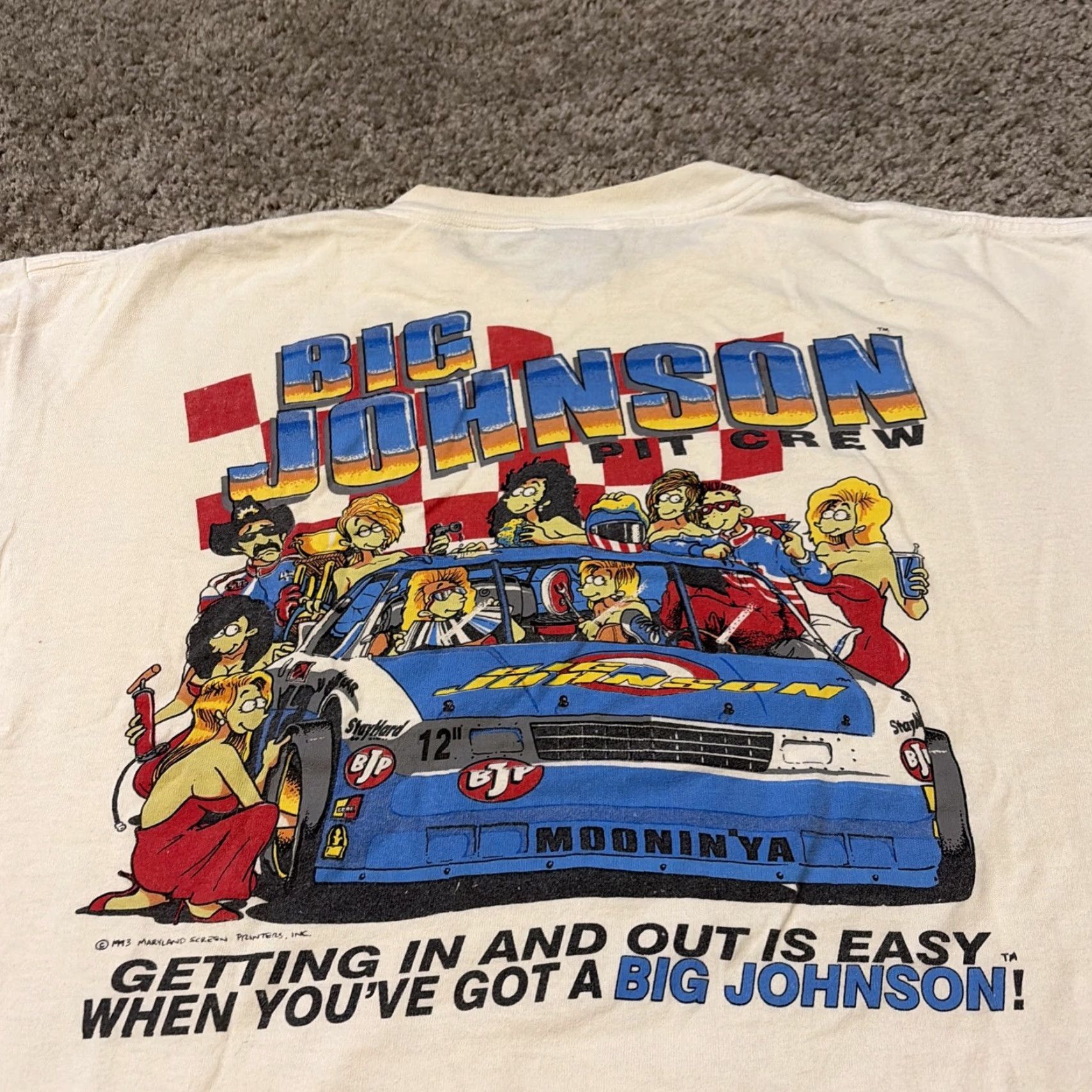 Big John VINTAGE 1993 Big Johnson Pit Crew Racing Raunchy Funny Comic White T-Shirt XL Mens Size US XL / EU 56 / 4 - 3 Thumbnail