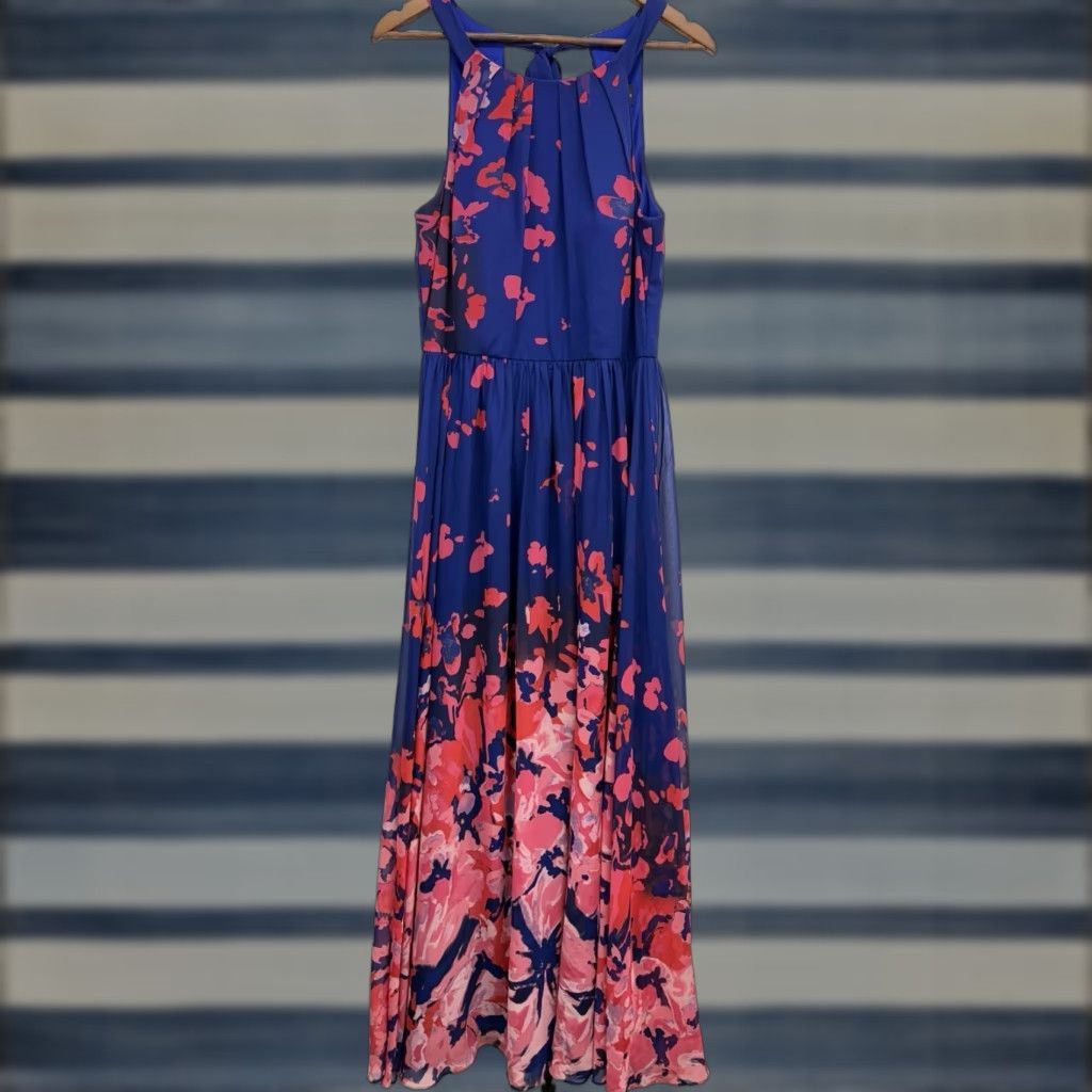 Betsy & Adam Sz 14 Women’s Blue Pink Floral Chiffon Sleeveless Halter Neck Gown