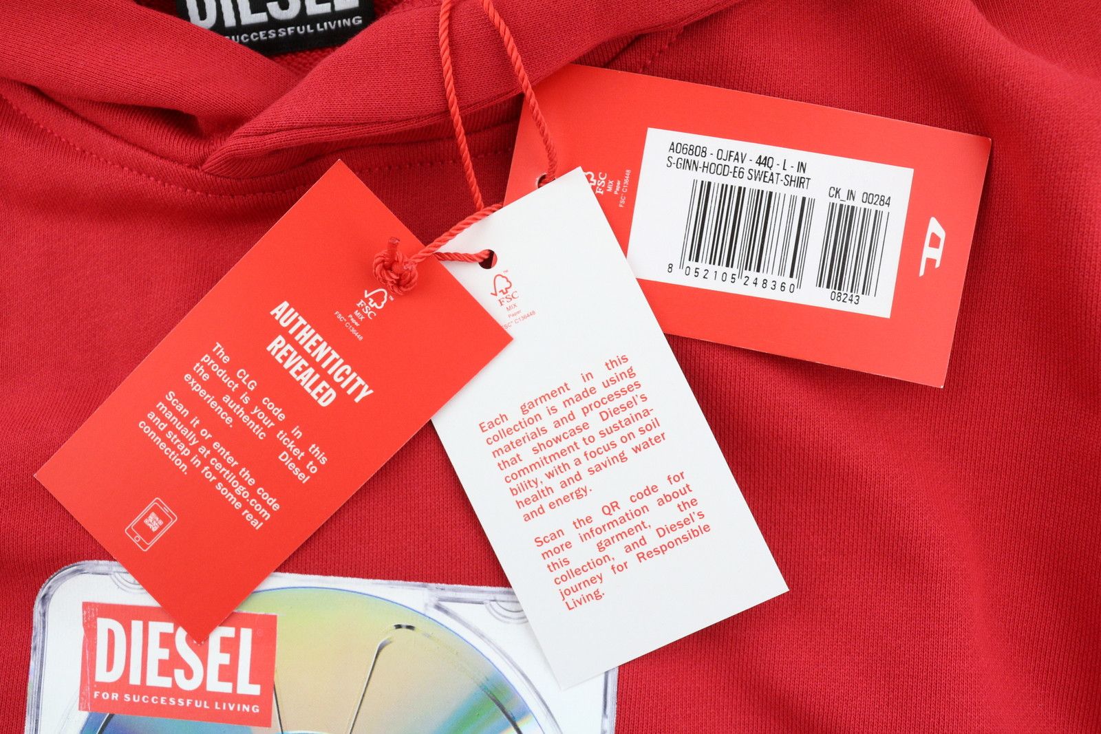 Diesel S-GINN-HOOD-E6 L Red Logo Hoodie 41035 Size US L / EU 52-54 / 3 - 6 Thumbnail
