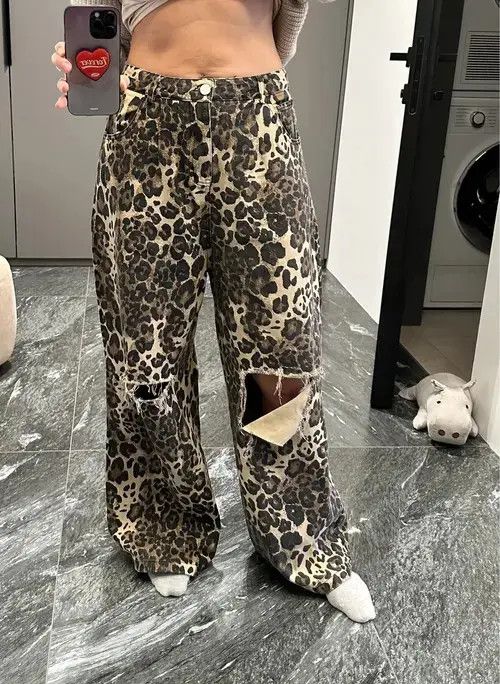 Designer × Jean Leopard Ripped Wide Leg Jeans Size 28" / US 6 / IT 42 - 3 Thumbnail