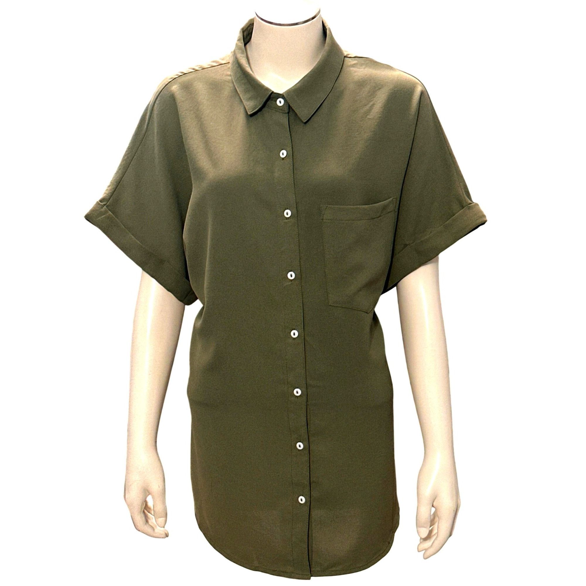 Other CCC Army Green Chic Henley Short Sleeve Button Up Lapel Shir Size XL / US 12-14 / IT 48-50 - 1 Thumbnail