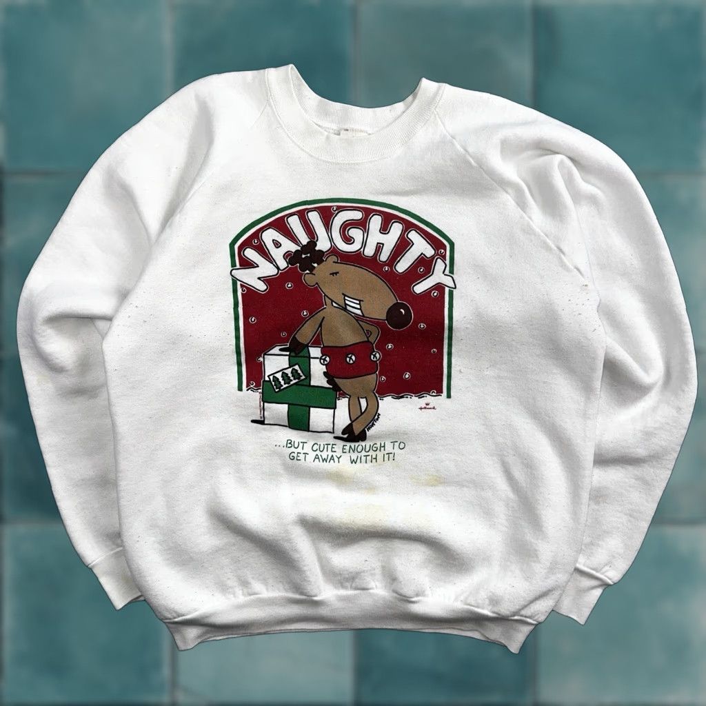 Fruit Of The Loom VINTAGE Hallmark Sweatshirt Horton Naughty Christmas Sz XL White Crew Neck Long Sleeve Logo Graphic Print 80s Mens Sweatshirt Size US XL / EU 56 / 4 - 1 Thumbnail