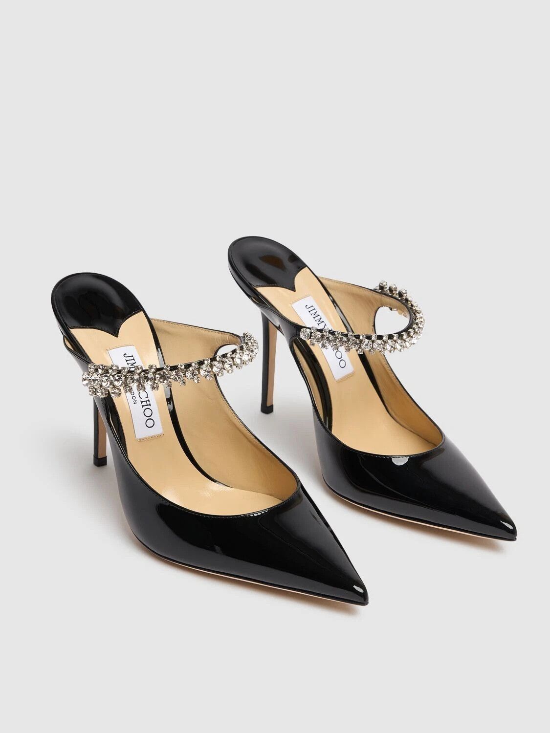 JIMMY CHOO Bing 100 Black Patent Crystal Strap Mules