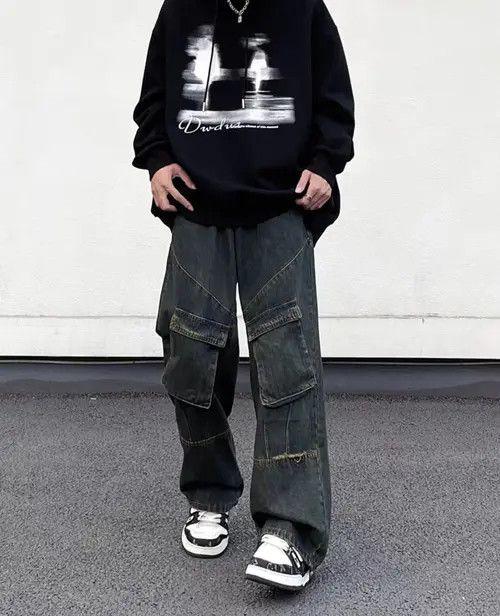 VIBE vintage washed distressed patchwork multi-pocket work jeans Size US 34 / EU 50 - 6 Thumbnail
