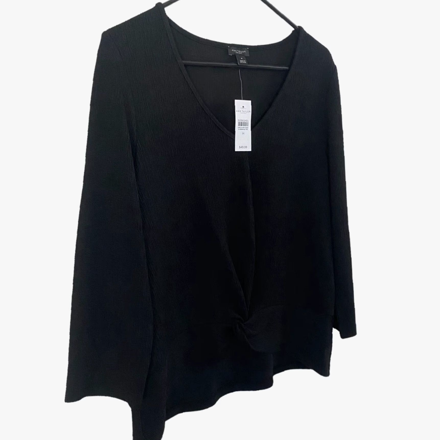 Ann Taylor Ann Taylor Crinkle Crepe V-Neck Blouse Black Womens Medium 3/4-Sleeve Blouse Size M / US 6-8 / IT 42-44 - 3 Thumbnail