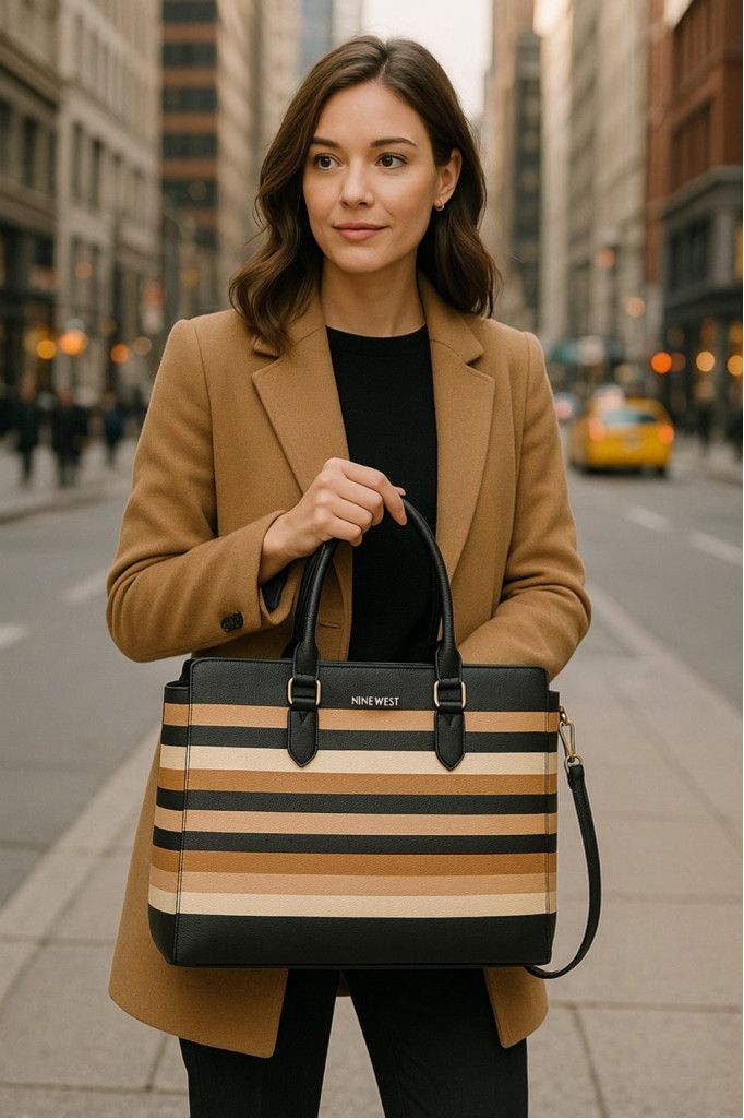 Nine West Striped Satchel Handbag  Black, Brown & Tan in Beige, Women's