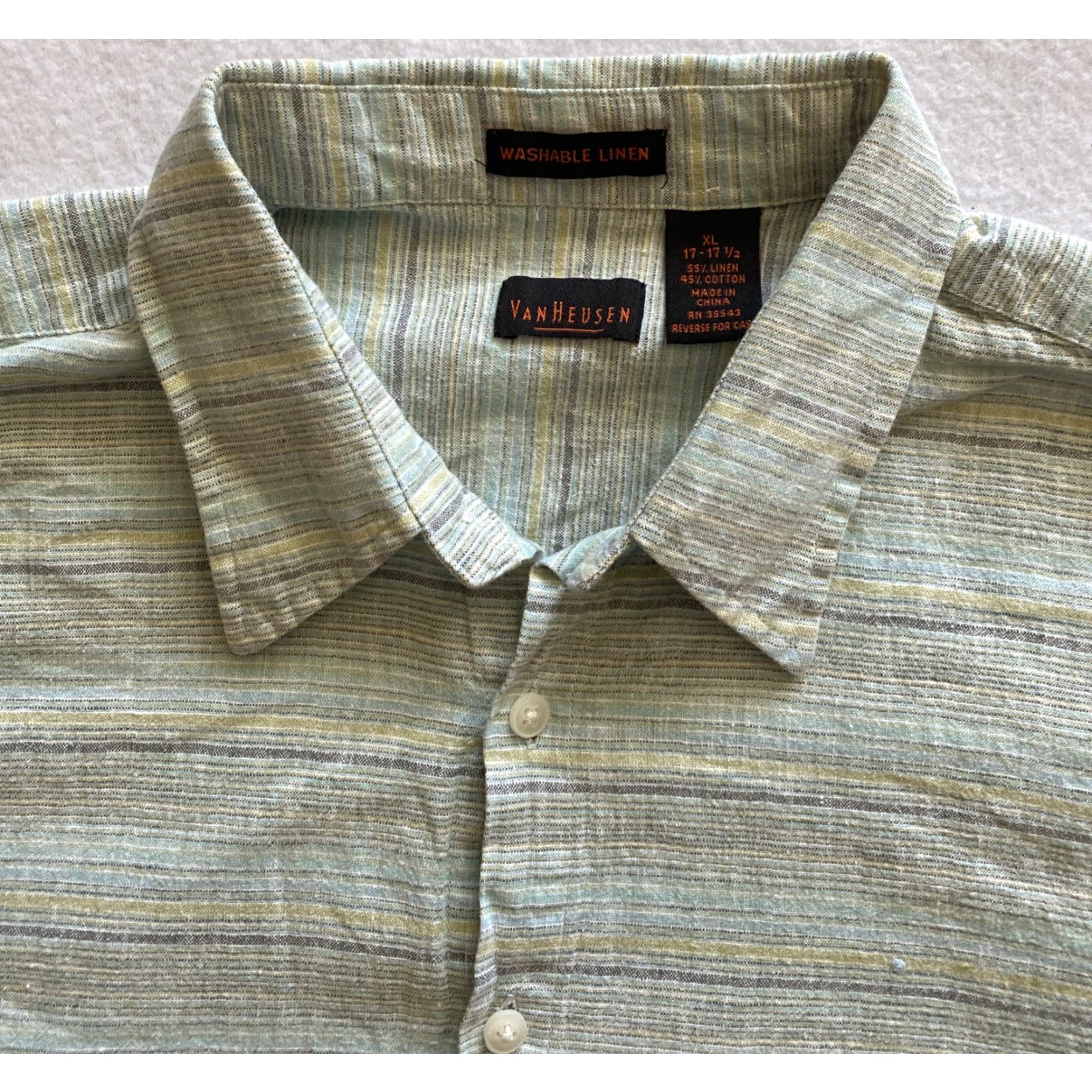 Van Heusen Van Heusen Men's XL Short Sleeve Button-Up Shirt - Sage Green Striped Like / 15-19 / Regular Fit / Button-Down Collar - Cotton-Polyester Size US XL / EU 56 / 4 - 3 Thumbnail