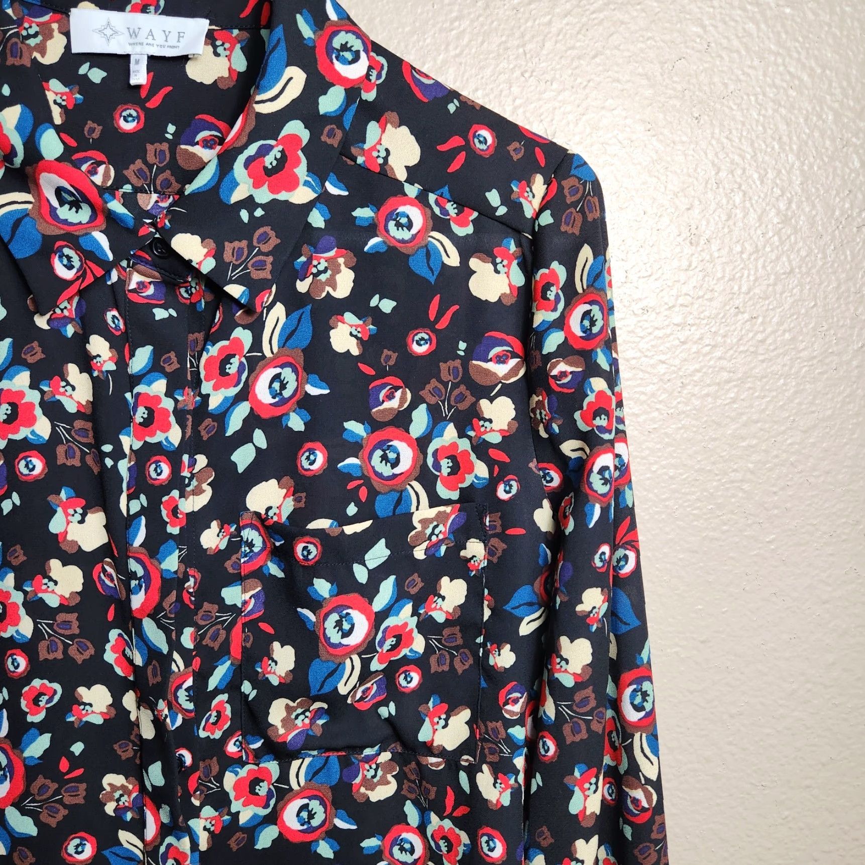 Vintage WAYF Womens Black Floral Collared Buttonfront Blouse-Size M Size M / US 6-8 / IT 42-44 - 3 Thumbnail