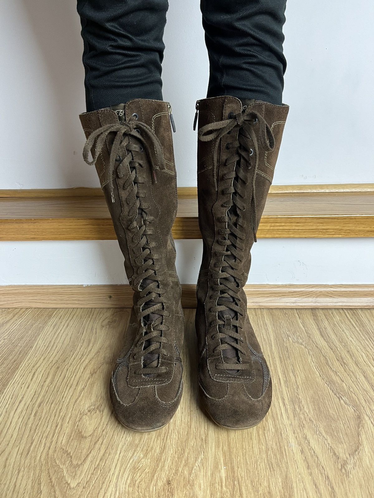 Vintage Esprit Suede Lace Up Sneakers Brown High Boxing Y2K