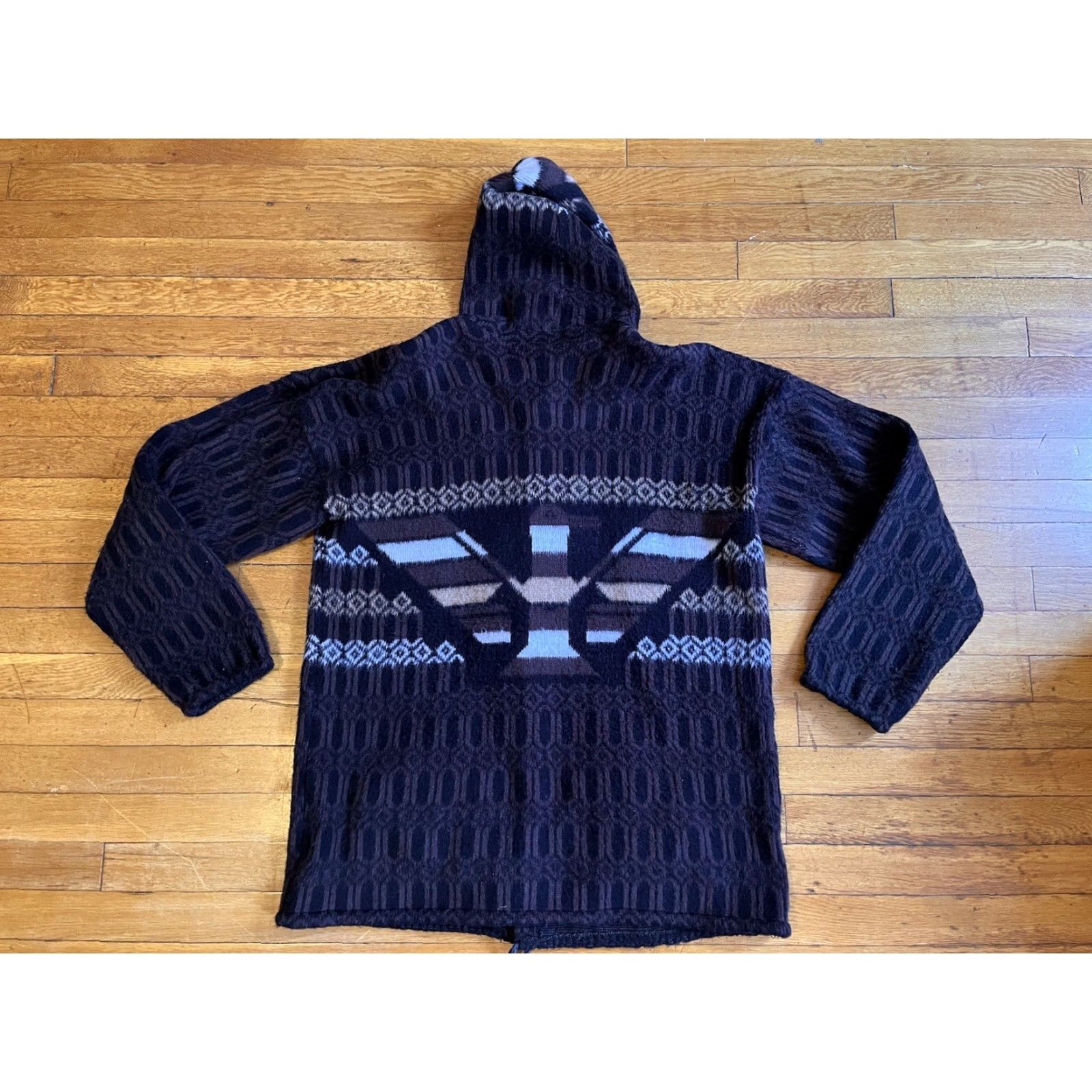Vintage VINTAGE Otavalo Cardigan Sweater Hooded Women’s One Size Brown Aztec Geometric Wool 100% Heavyweight Oversized Regular Ladies Mens? Size ONE SIZE - 6 Thumbnail
