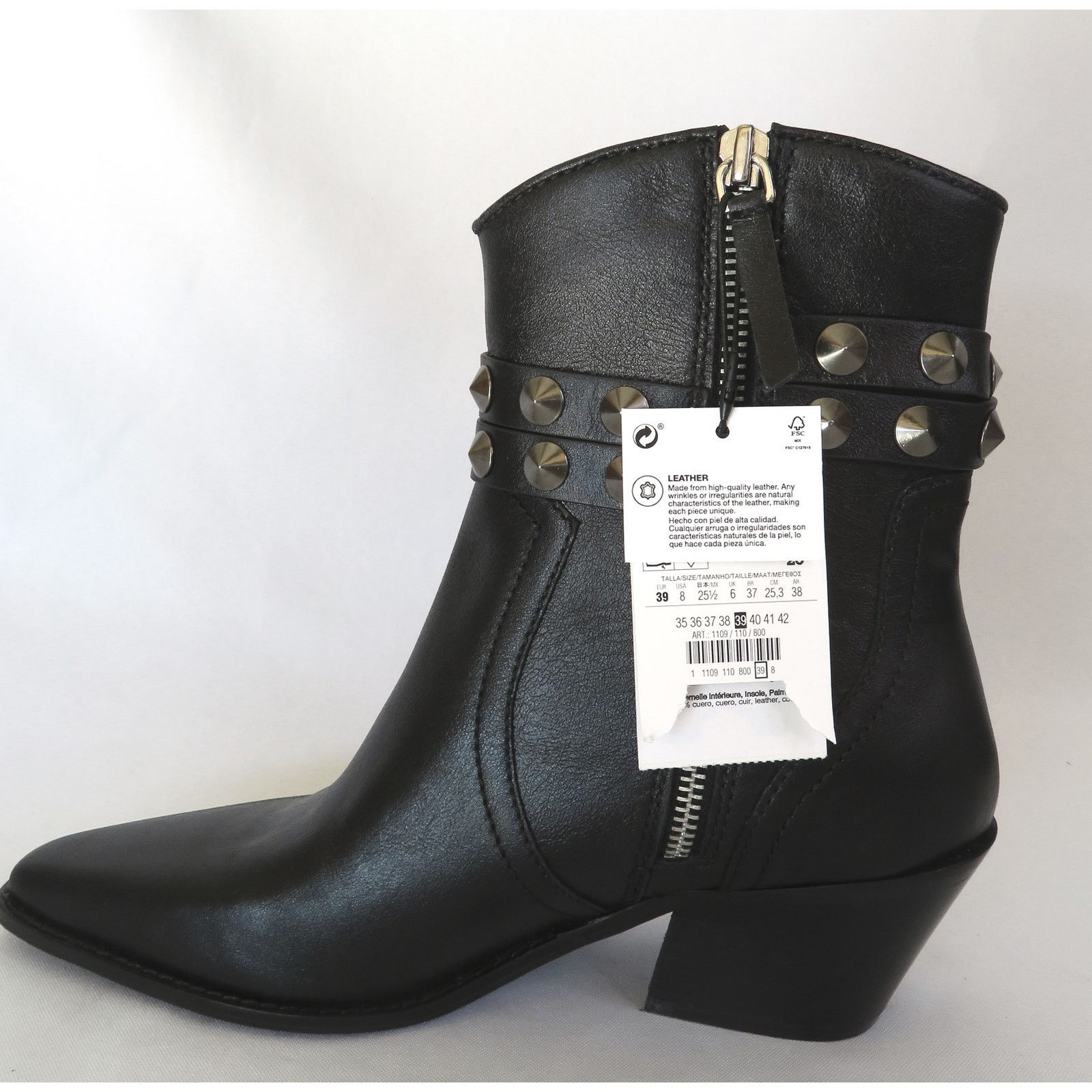 Zara ZARA Black Leather Studded Western Style Ankle Boots Size US 8 / IT 38 - 5 Thumbnail