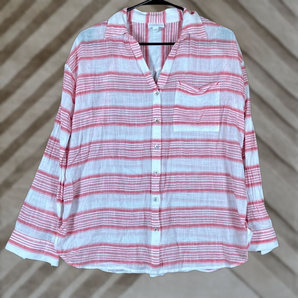 J. Jill J Jill Womens Shirt Striped Button-Up Collared Sheer Lightweight S Pink White Casual Workwear, Tunic, Regular Fit, Long Sleeve, Size S (Mens/Womens) Size S / US 4 / IT 40 - 1 Thumbnail