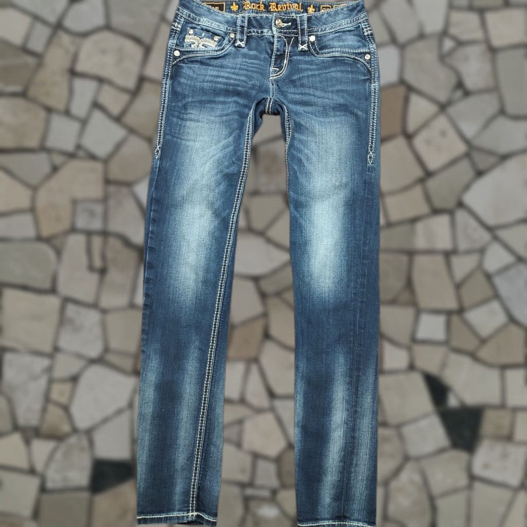 Vintage Rock Revival Jeans Womens Skinny 26 Regular 31in Blue Denim Rock Biker Logo Embroidered 5-Pocket Zip Button Stretch Modern N/A Size 26" / US 2 / IT 38 - 1 Thumbnail