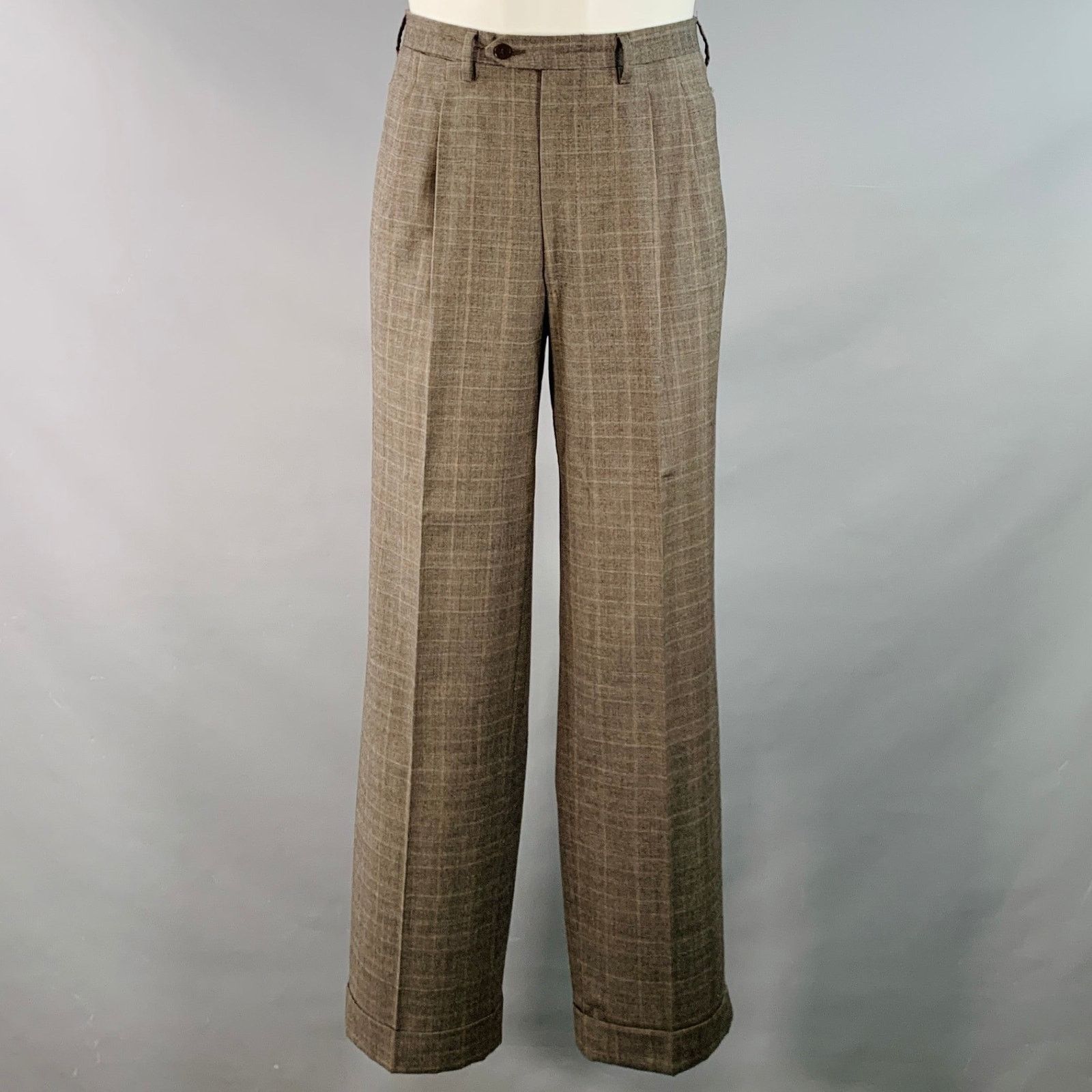 Luciano Barbera LUCIANO BARBERA 38 Brown Plaid Wool Notch Lapel Pleated Suit Size 38R - 4 Thumbnail