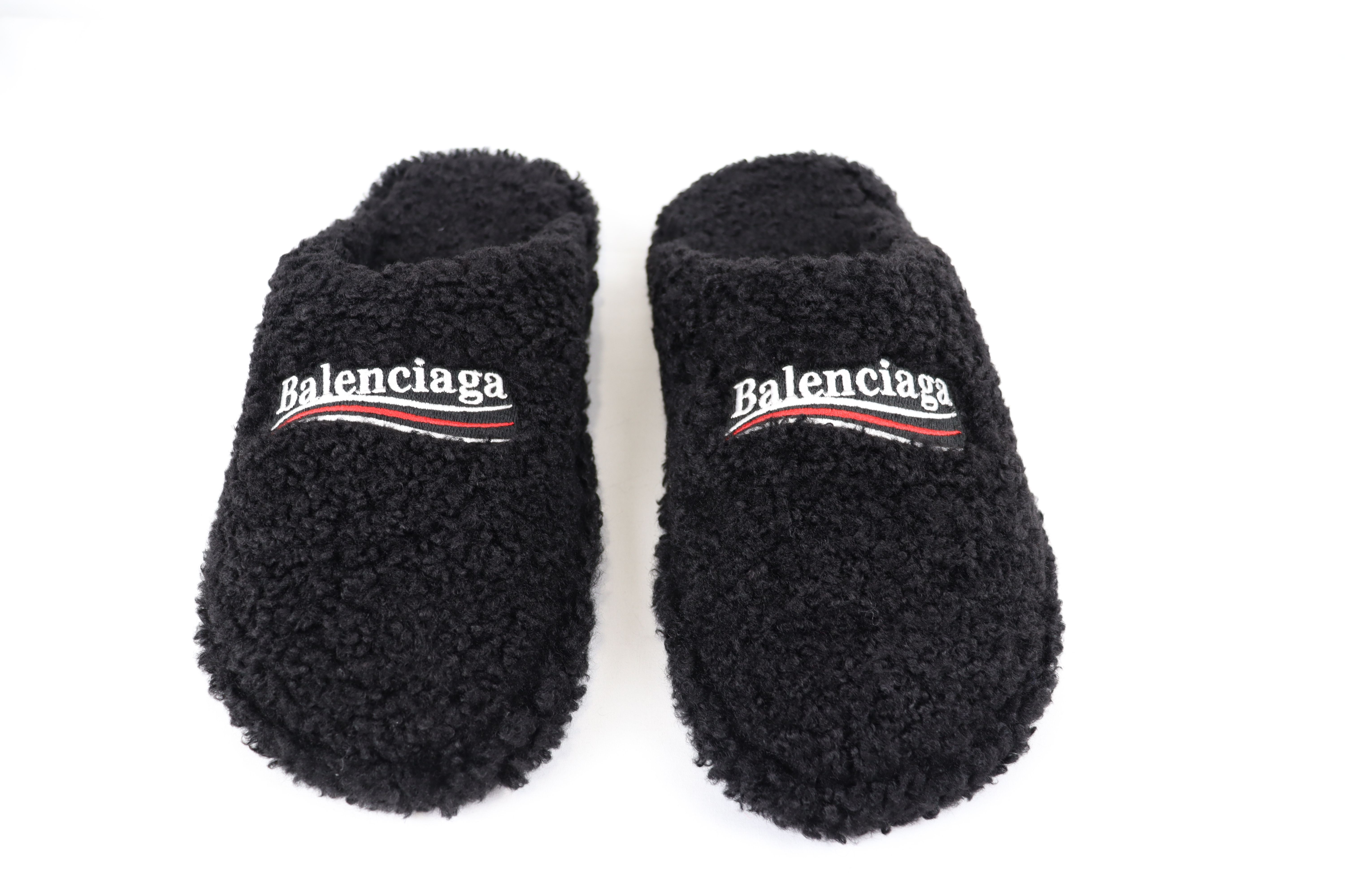 Pre-owned Balenciaga O1w1db10124 Black Political Campaign Furry Slides Slippers