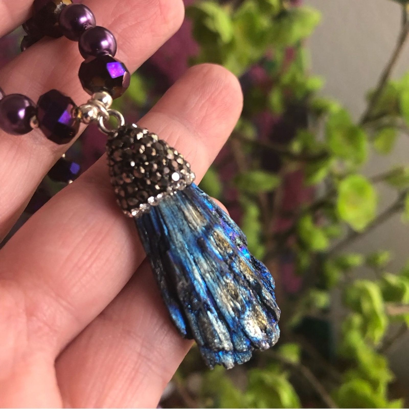 Handcrafted peacock tail tourmaline turquoise Pearl necklace